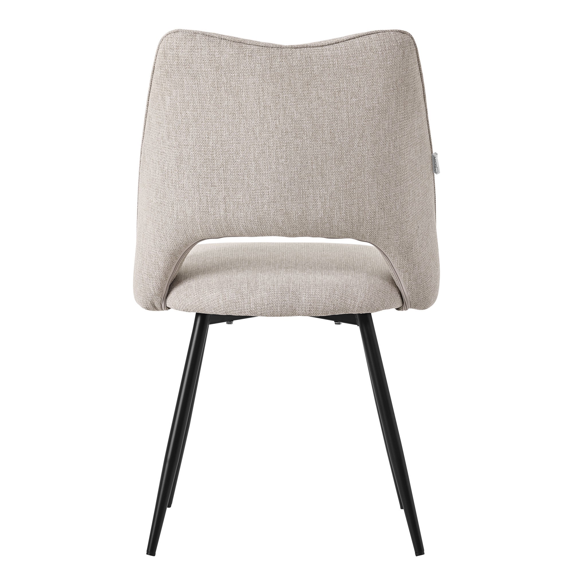 Vista posteriore di una sedia beige chiaro con gambe nere.