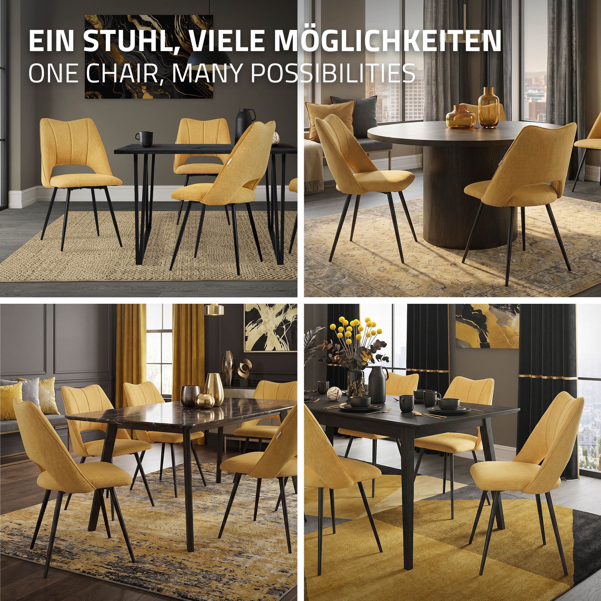 Verschiedene gelbe Stühle um einen runden Tisch in einem eleganten Raum.