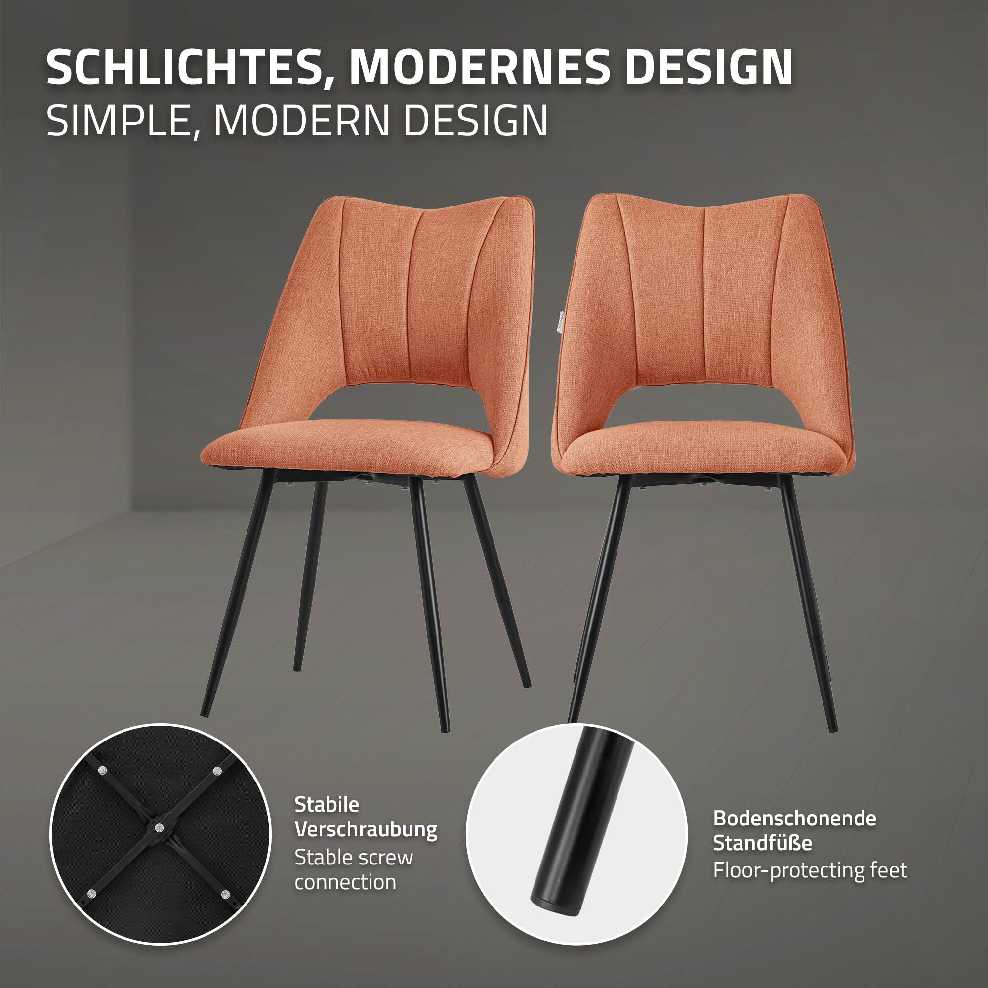 Zwei orangefarbene Stühle mit stabilen Beinen.