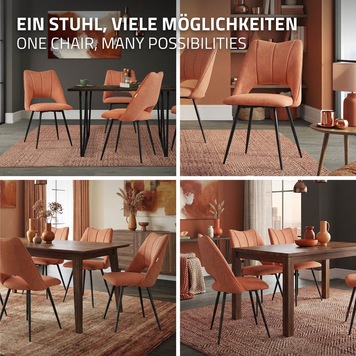 Vier orangefarbene Stühle um einen Holztisch in einem modernen Raum.