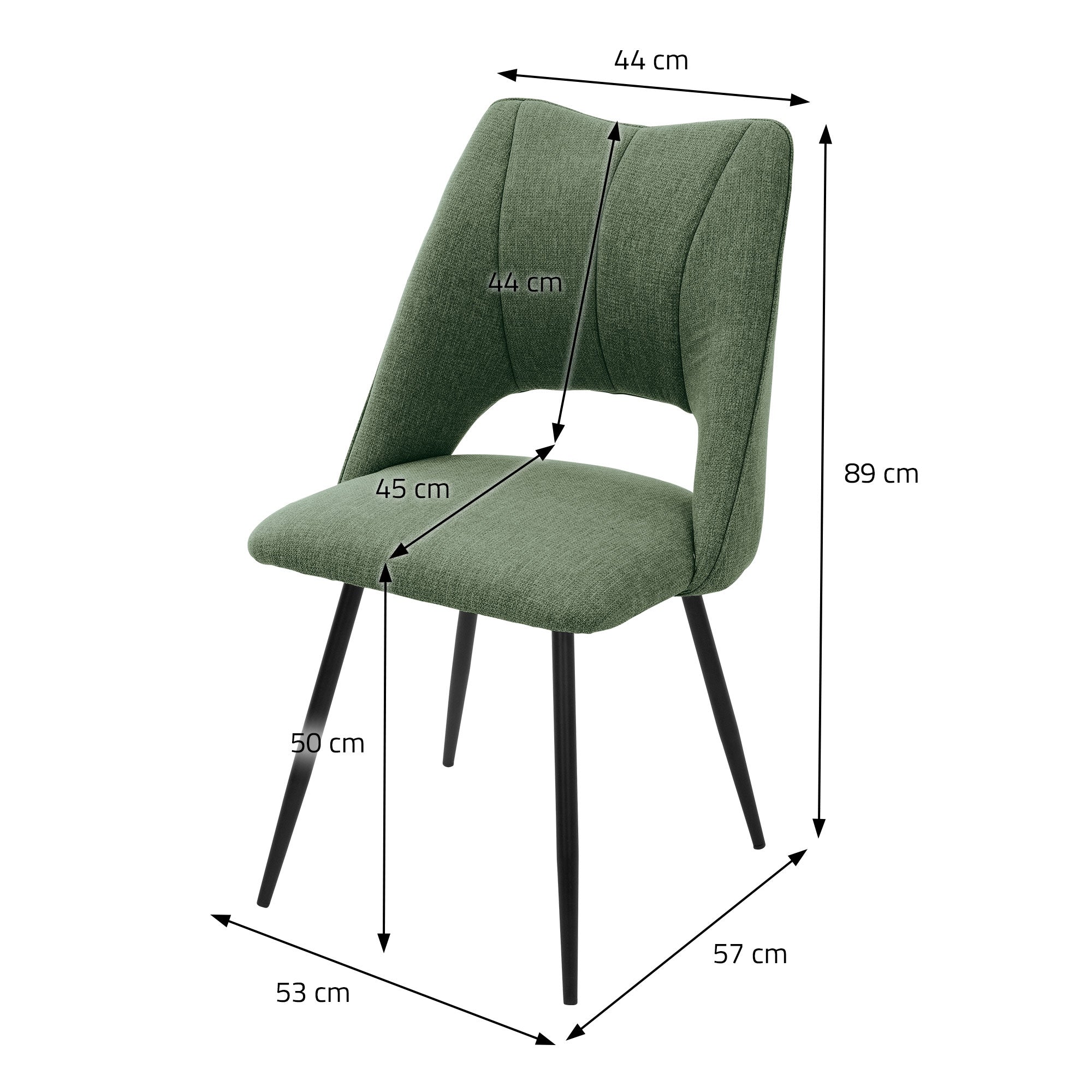Grøn stol med mål: Højde 89 cm, Bredde 53 cm, Dybde 57 cm.