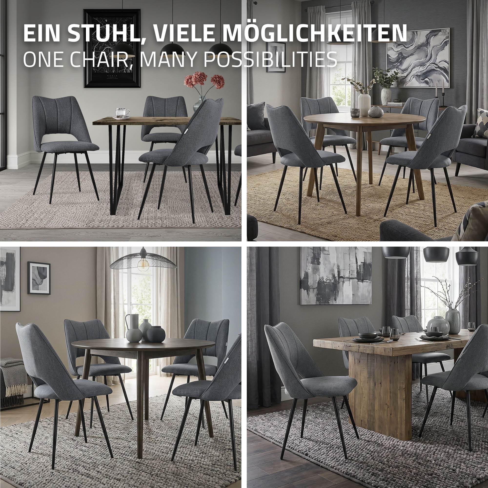Fire grå stole omkring et træbord i et moderne rum.