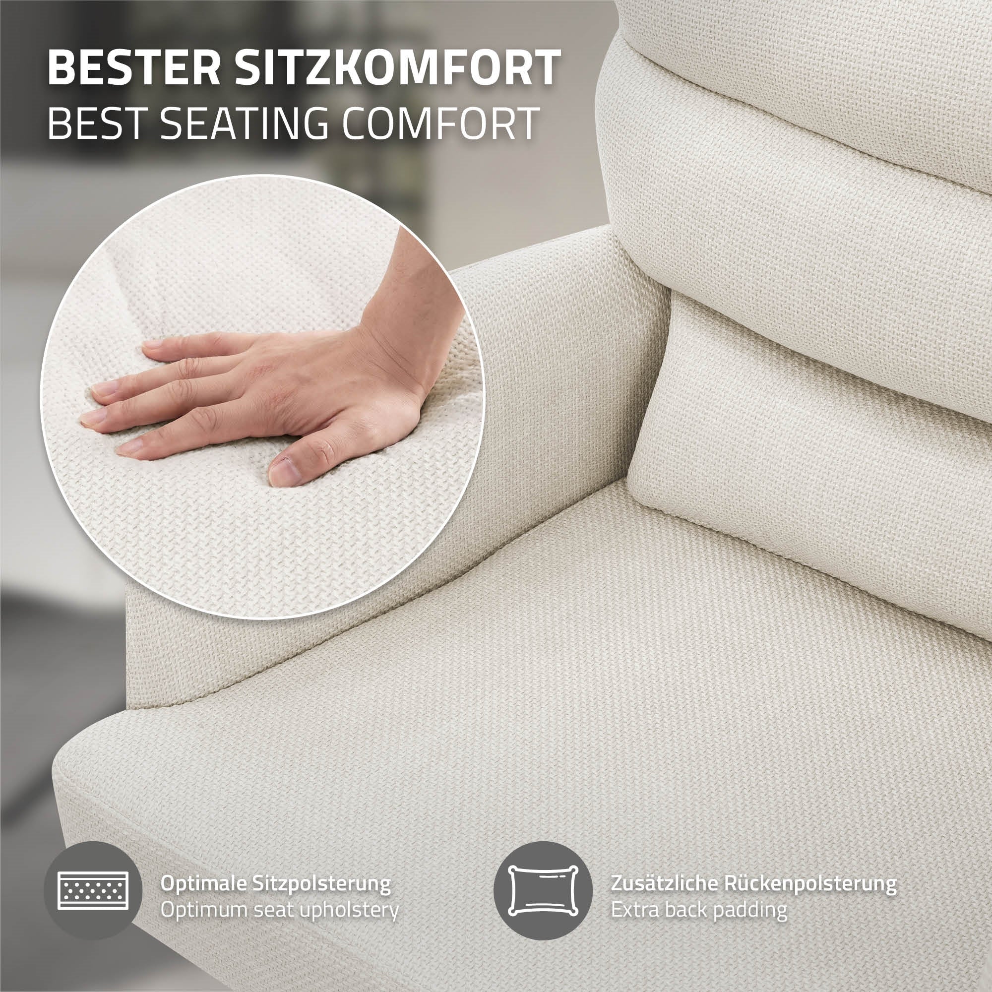 Nahaufnahme einer Hand auf einem hellen, strukturierten Stoffbezug.