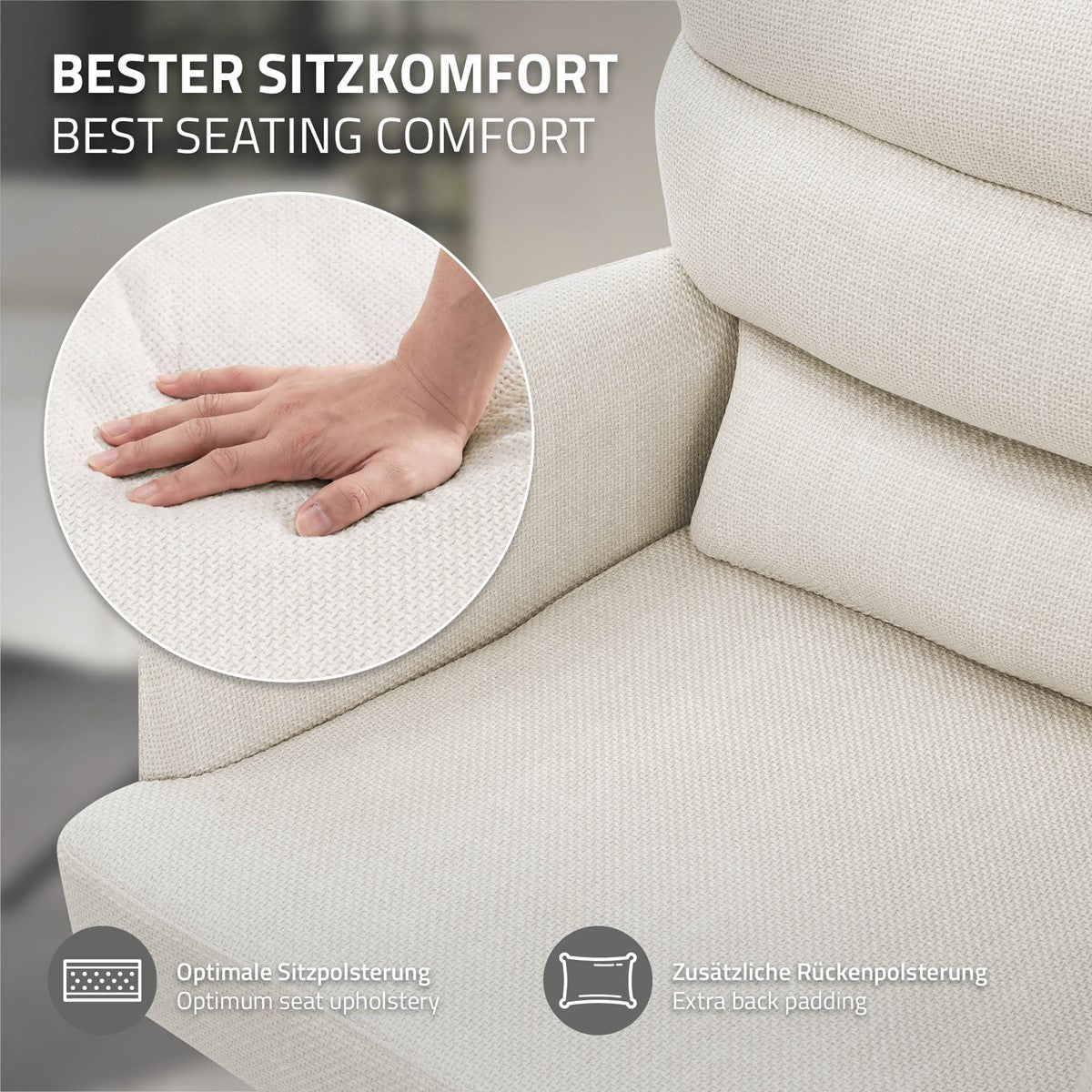 Close-up van een hand op een lichte, gestructureerde stoffen bekleding.