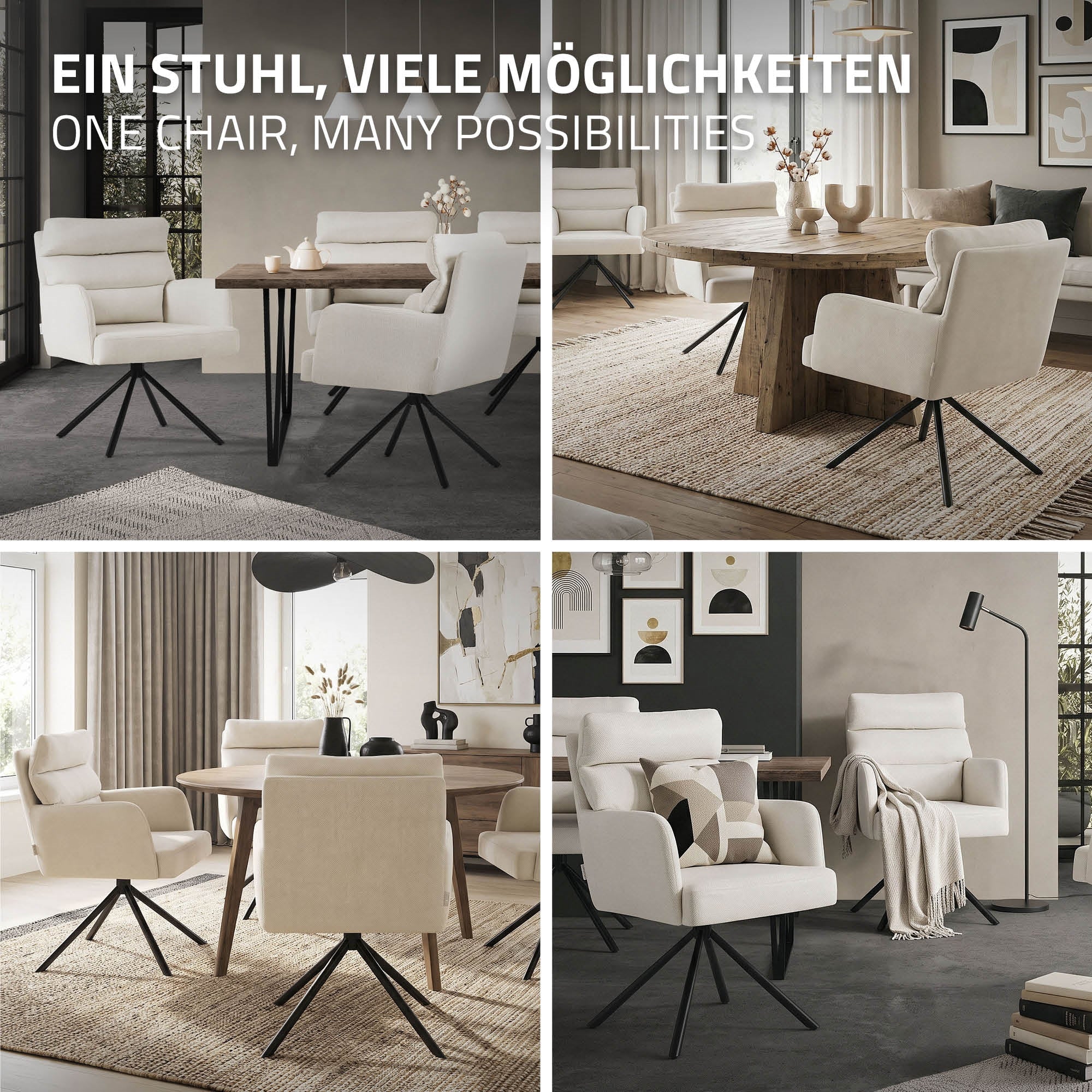 Collage mit verschiedenen Stuhl- und Tischanordnungen in einem Raum.