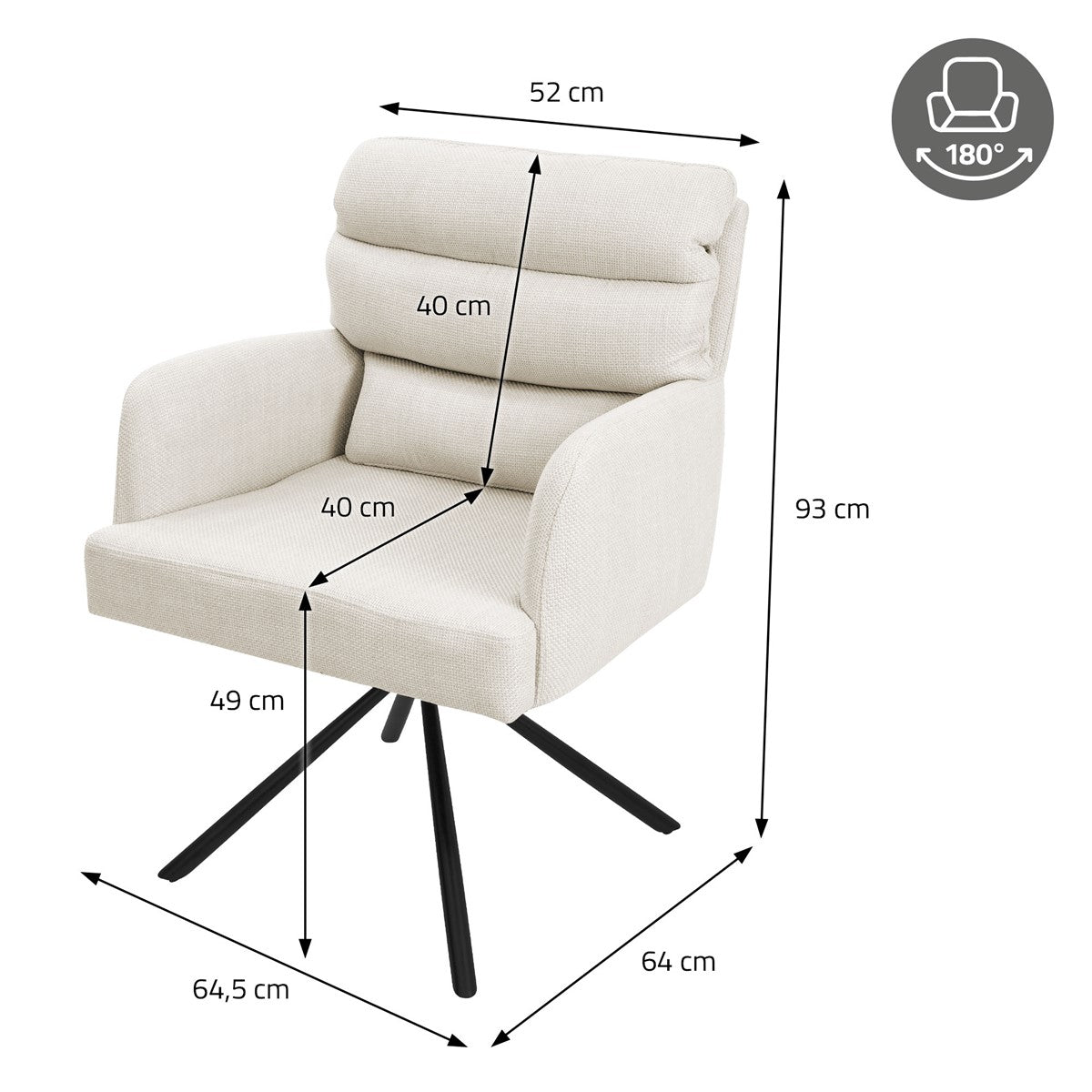 Maattekening van een beige stoel met afmetingen in centimeters.