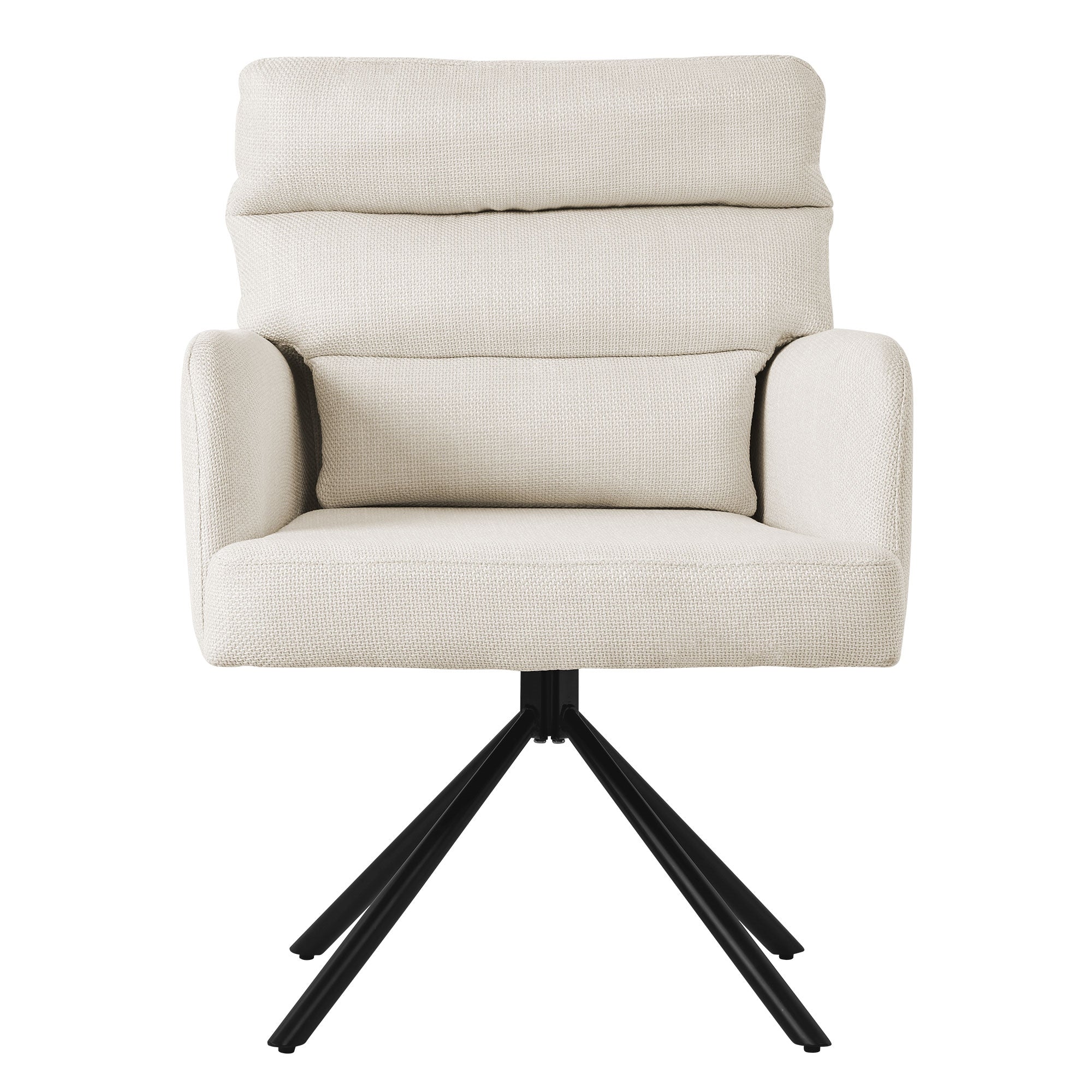 Una silla clara con estructura negra, tomada de frente.