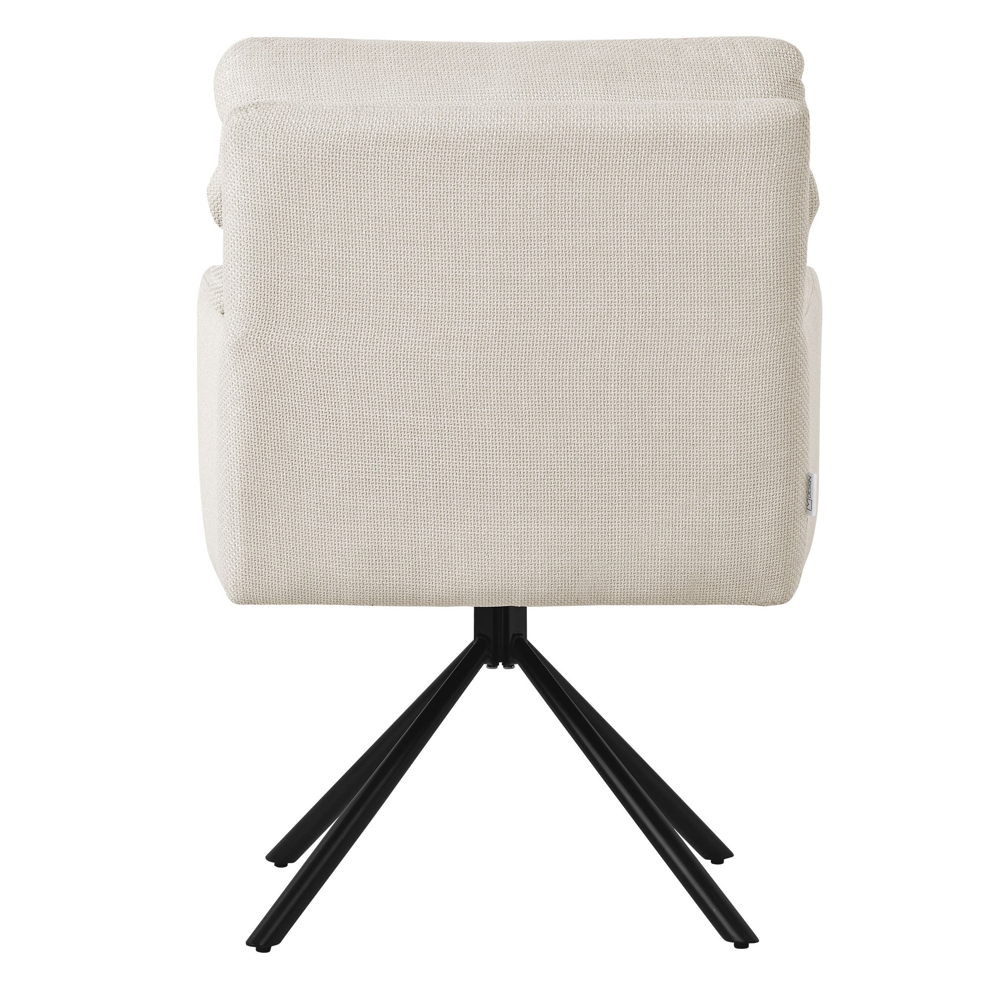 Vista trasera de una silla blanca con una estructura negra.