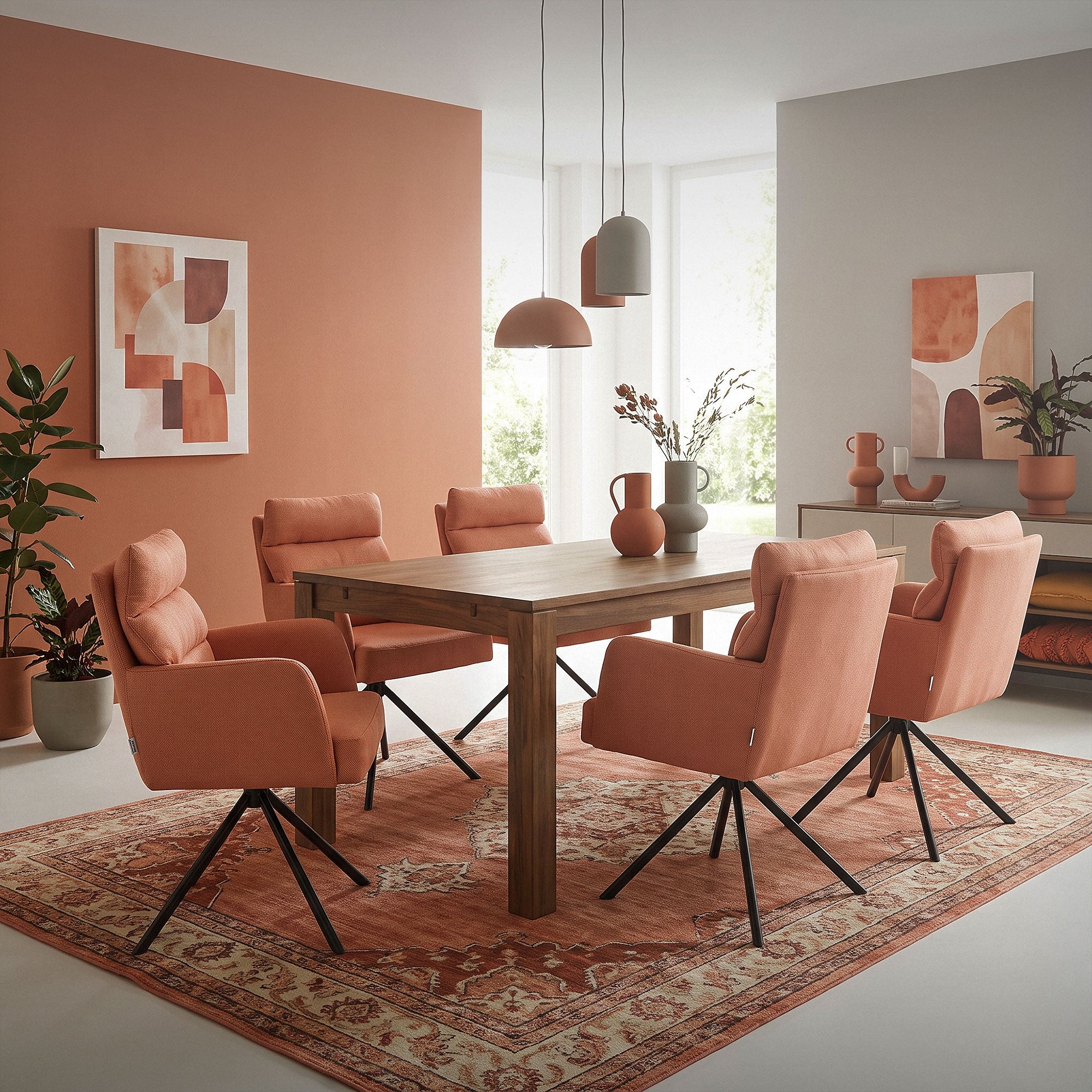 Ein Essbereich mit orangen Stühlen, einem Tisch und dekorativen Elementen.