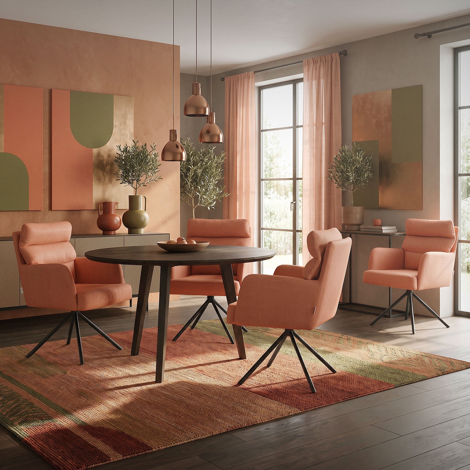 Ein Esszimmer mit einem runden Tisch und vier orangefarbenen Sesseln.