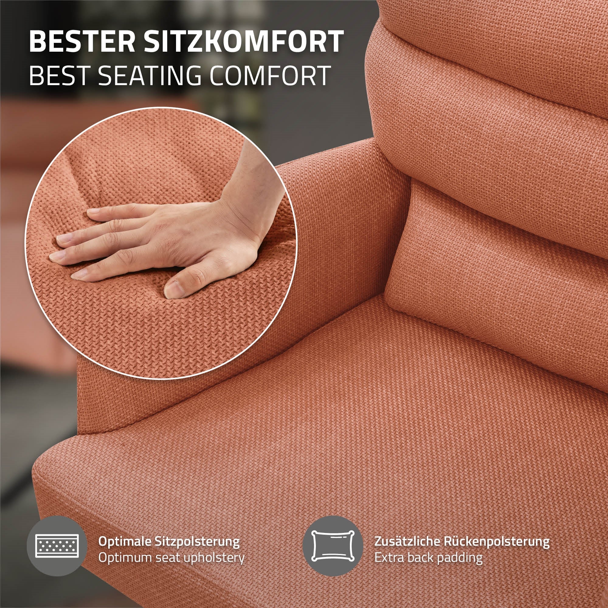 Nahaufnahme einer orangen Polsterung mit Hand, die den Sitzkomfort testet.