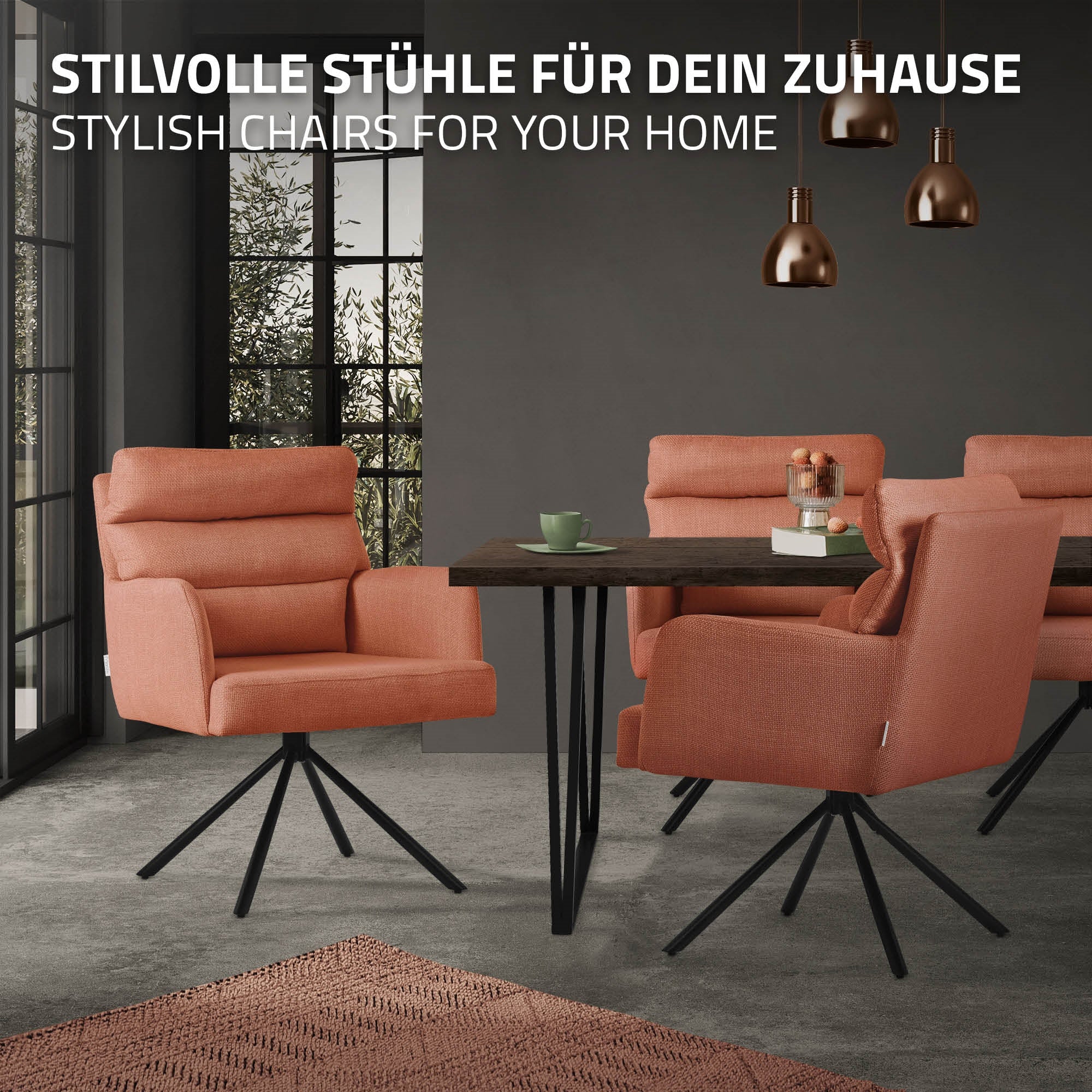 Moderne, orangefarbene Stühle um einen Tisch in einem stilvollen Raum.