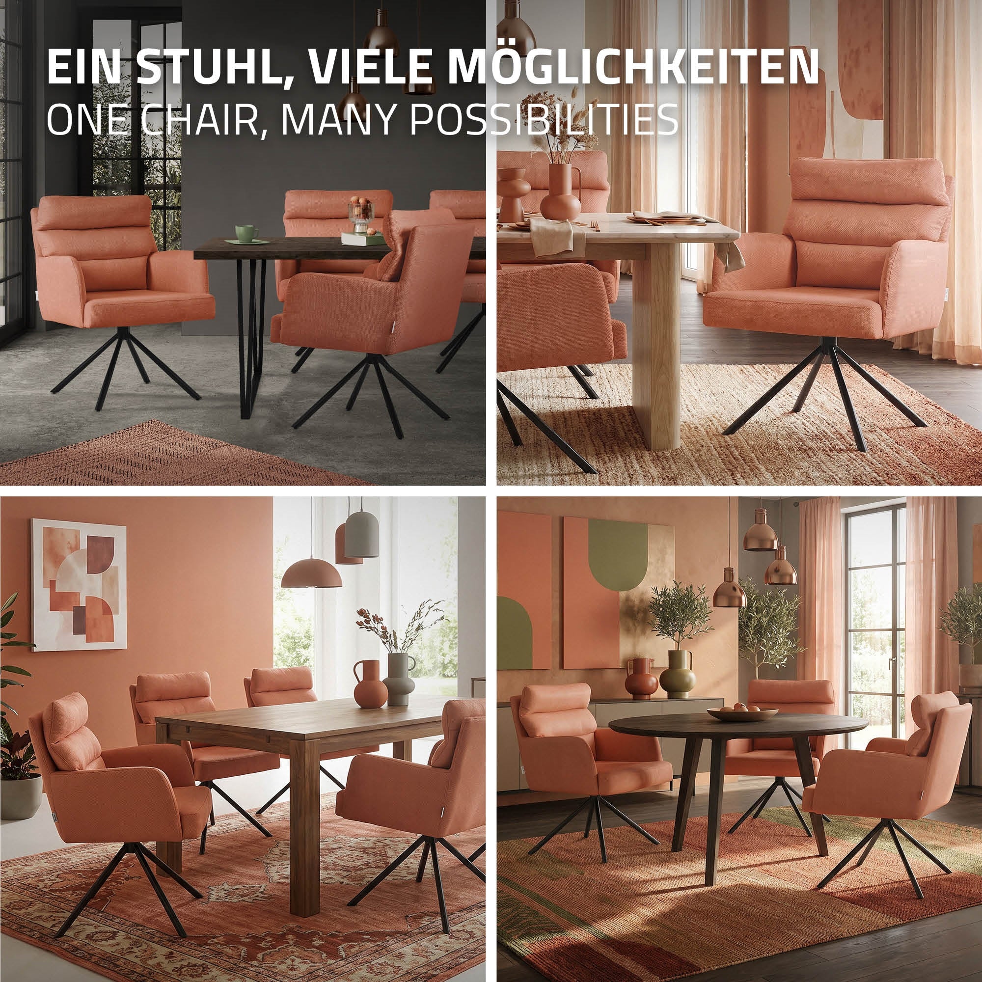 Vier Bilder eines modernen Wohnzimmers mit orangen Möbeln und einem Tisch.