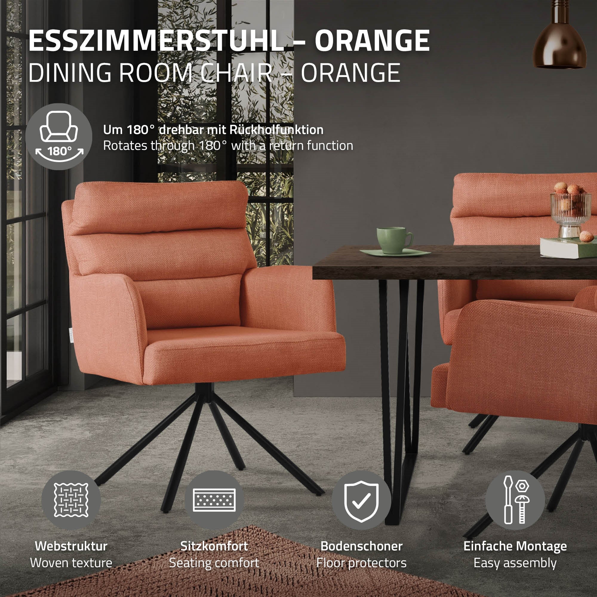 Orangefarbener Esszimmerstuhl mit Drehfunktion und Holztisch im Hintergrund.