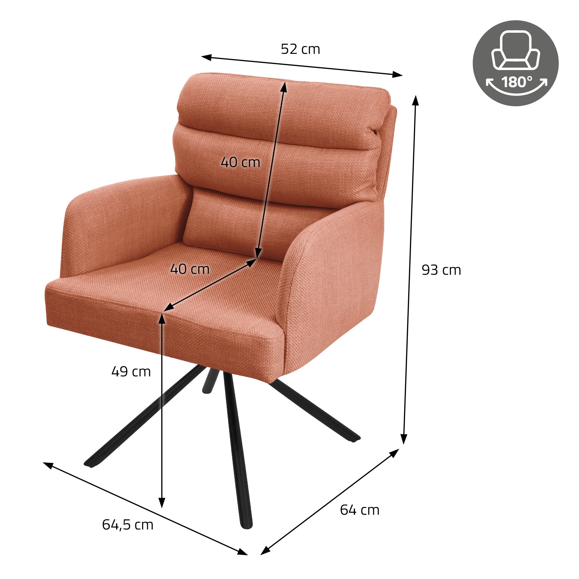 Maßzeichnung eines orangefarbenen Stuhls mit Abmessungen in Zentimetern.