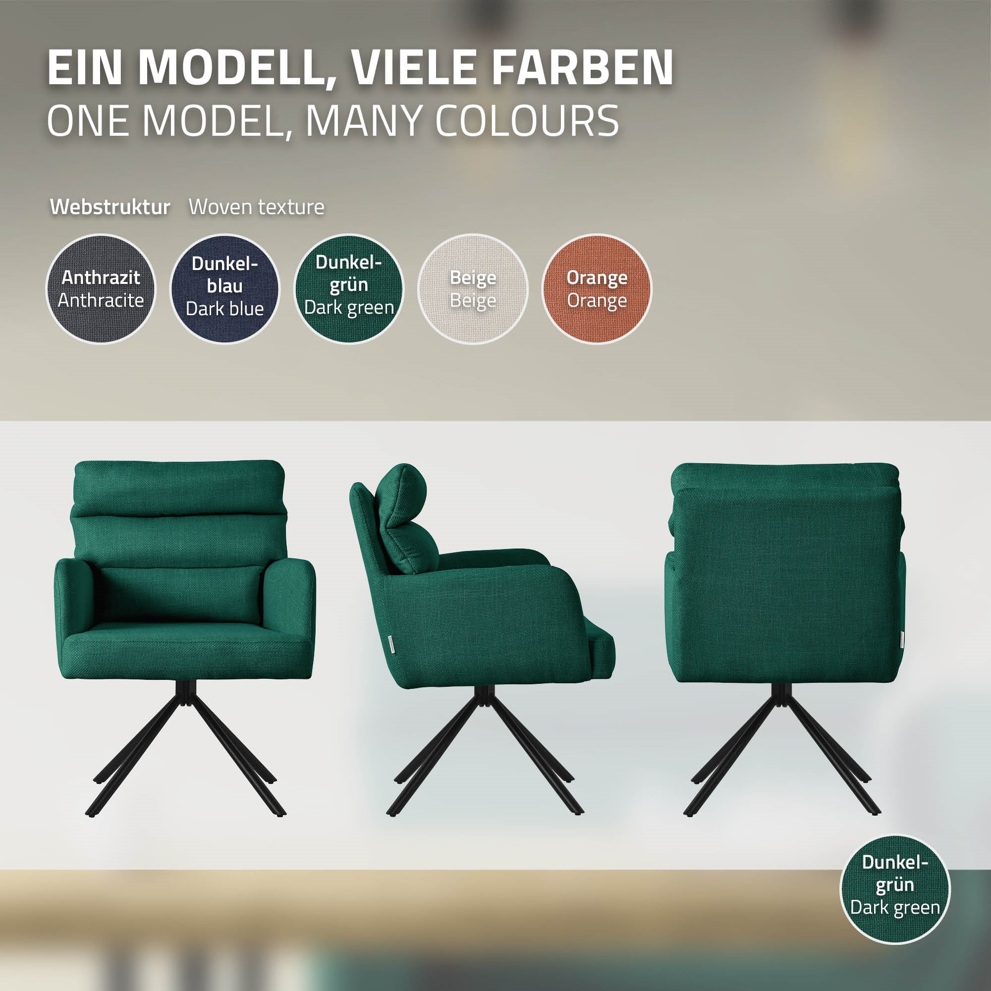 Drei Ansichten eines grünen Stuhls auf einem hellen Hintergrund.