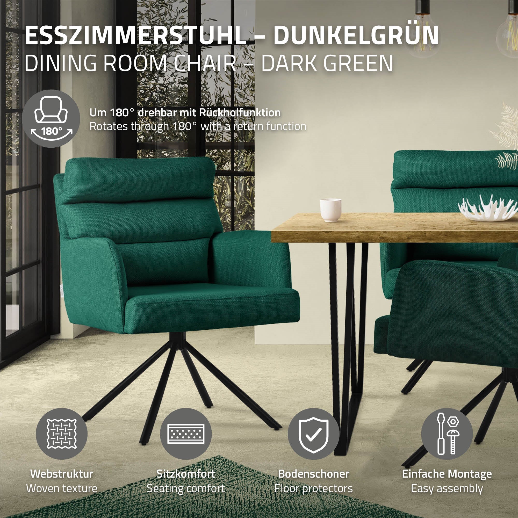 Dunkelgrüner Esszimmerstuhl mit Rückholfunktion und Tisch.