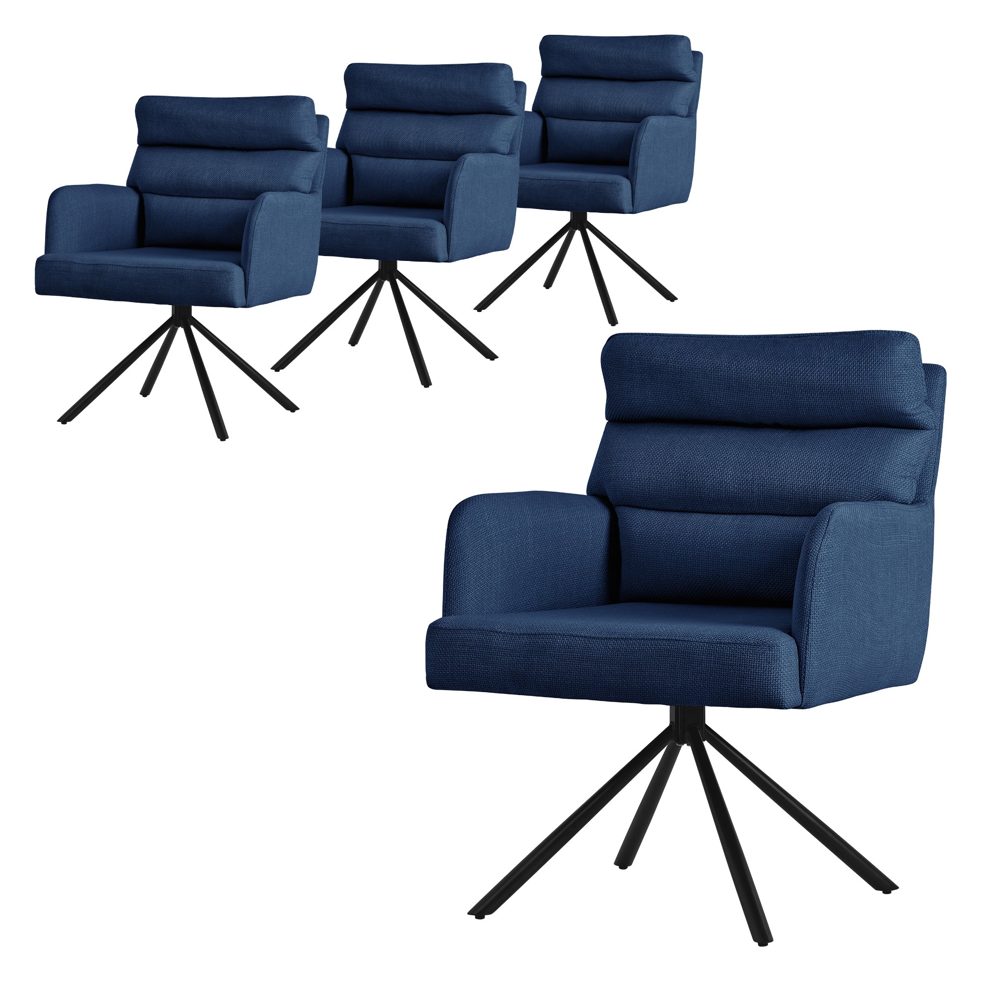 Vier blaue Stühle mit schwarzem Gestell auf einem weißen Hintergrund.