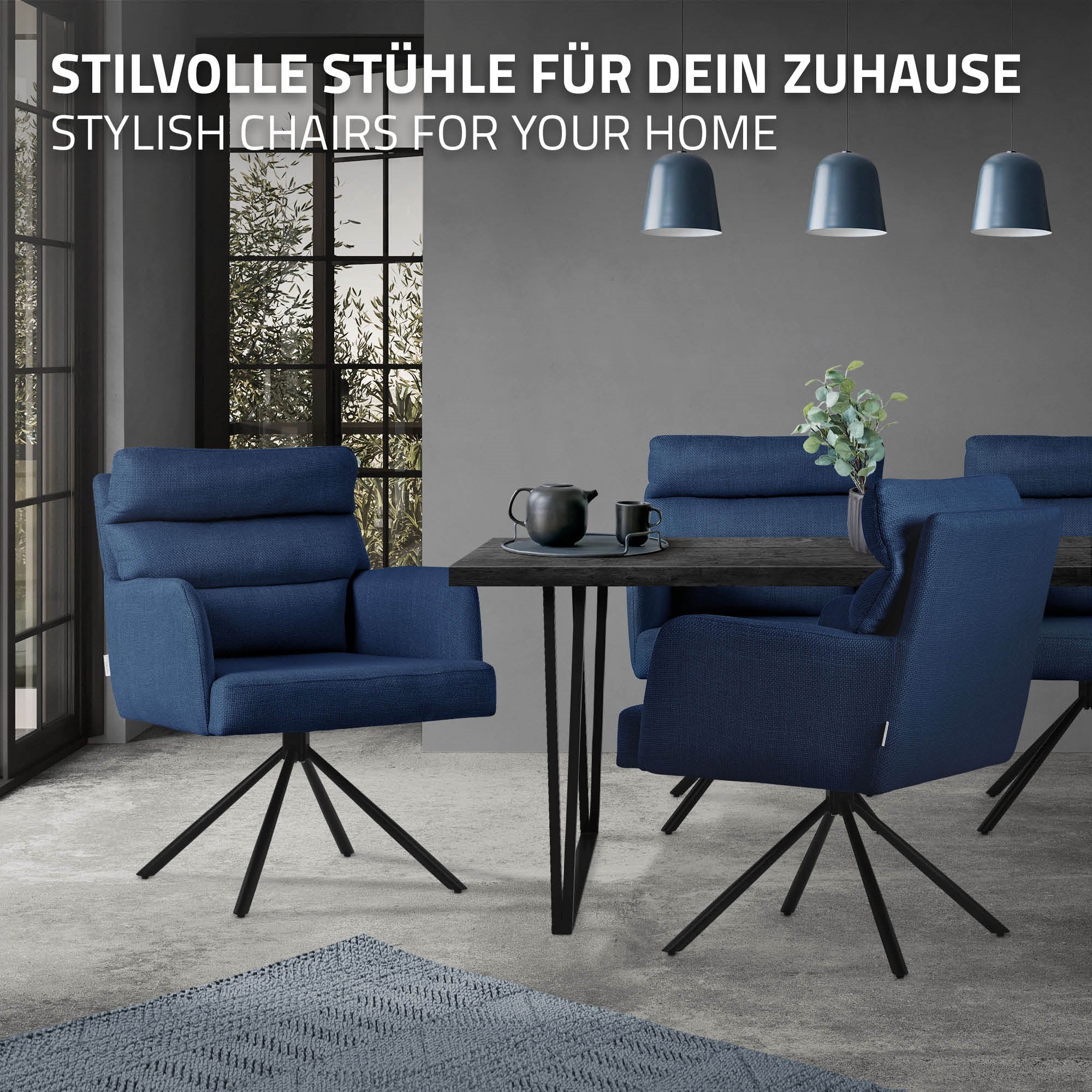 Stilvolle blaue Stühle um einen Tisch in einem modernen Raum.