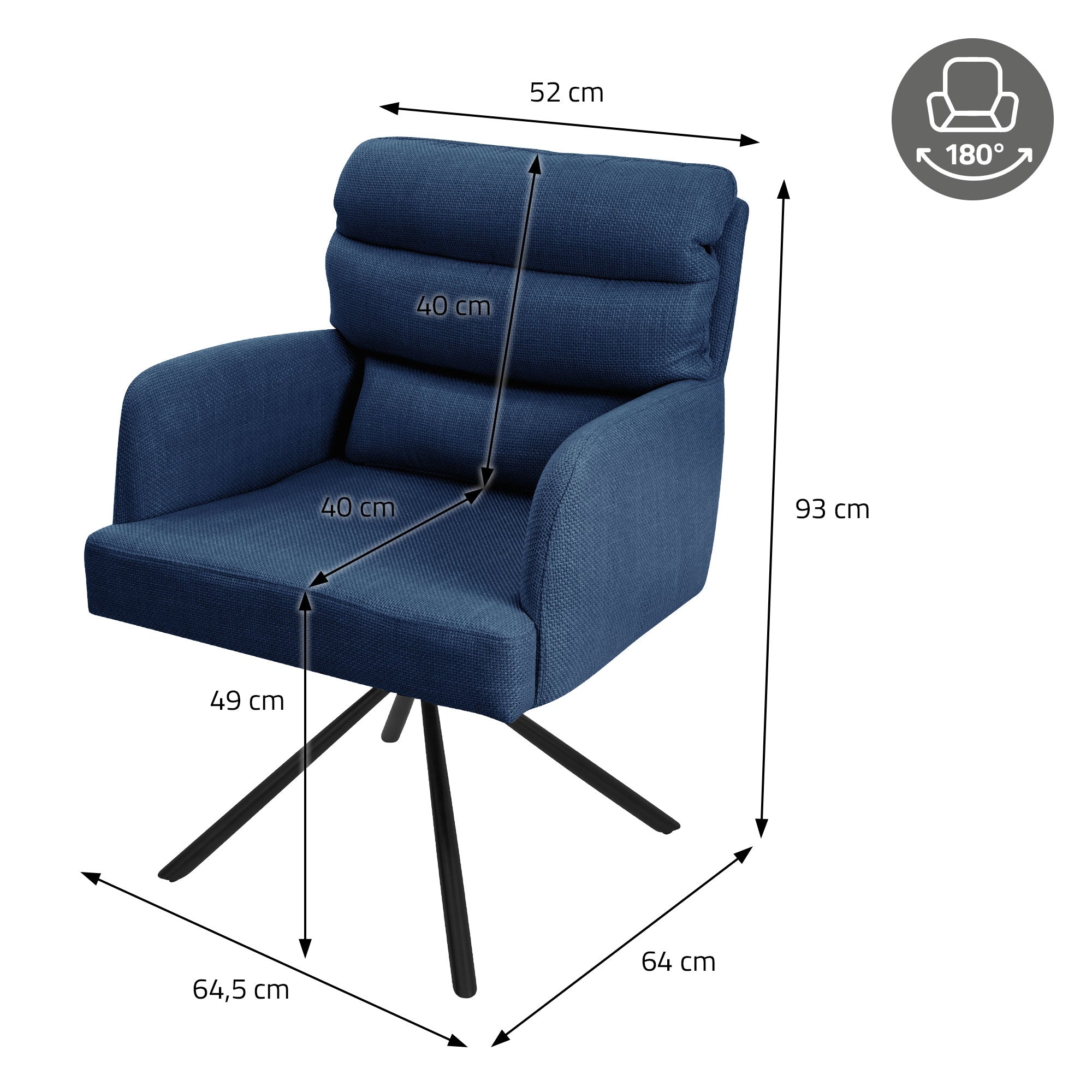 Maßzeichnung eines blauen Stuhls mit Abmessungen.