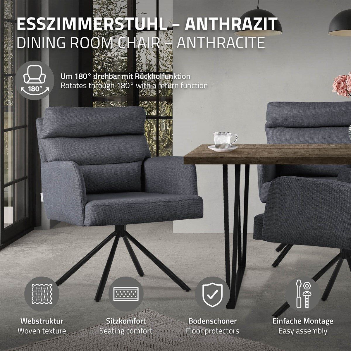 Chaise de salle à manger couleur anthracite avec fonction de retour et table.