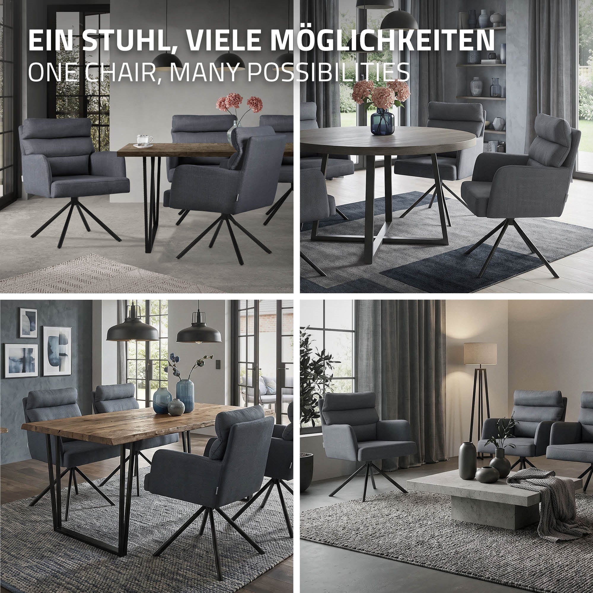 Verschiedene graue Stühle in einem Raum, aufgeteilt in vier Ansichten.