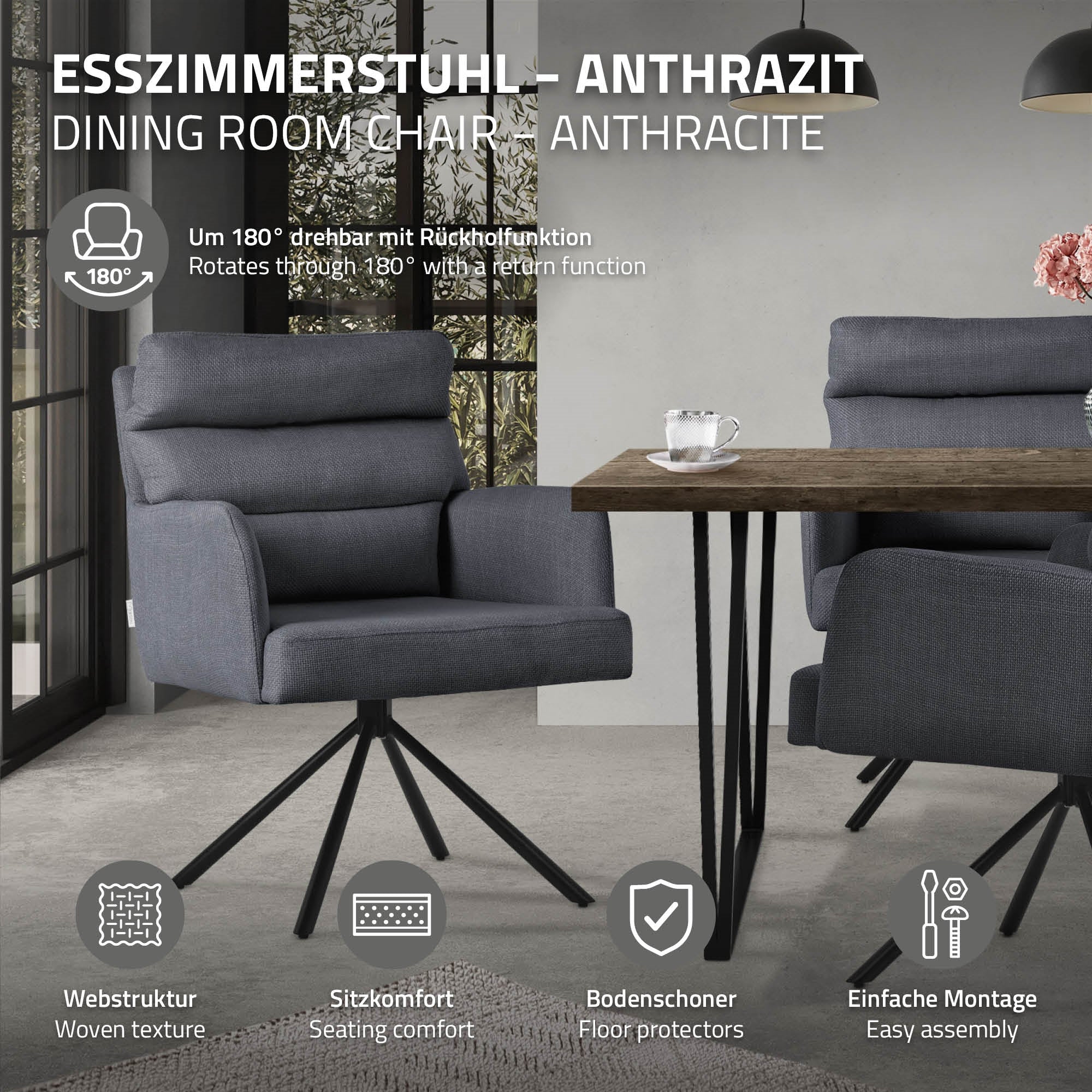 Anthrazitfarbener Esszimmerstuhl mit Rückholfunktion und Tisch.
