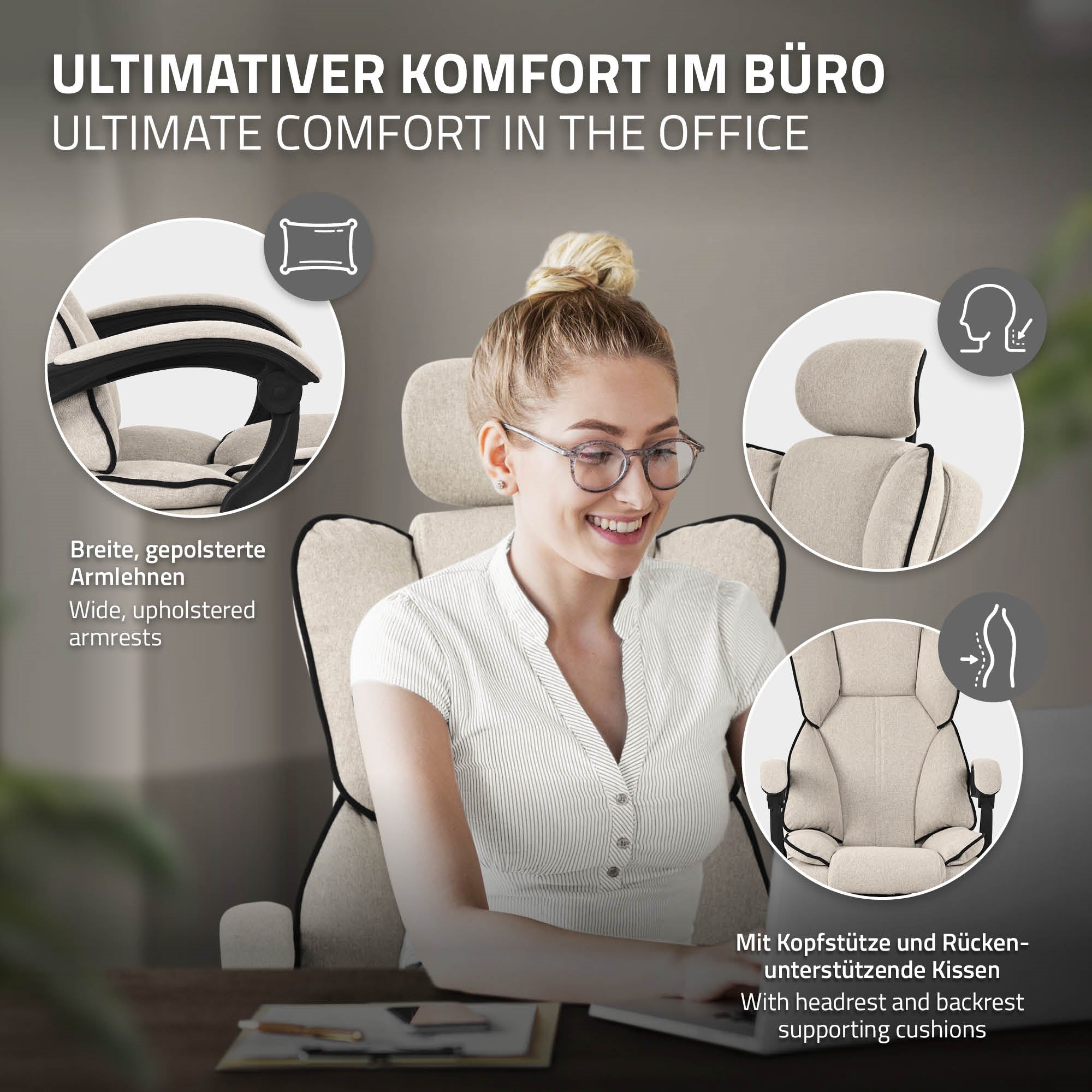 Bürostuhl mit breiten, gepolsterten Armlehnen und Kopfstütze.