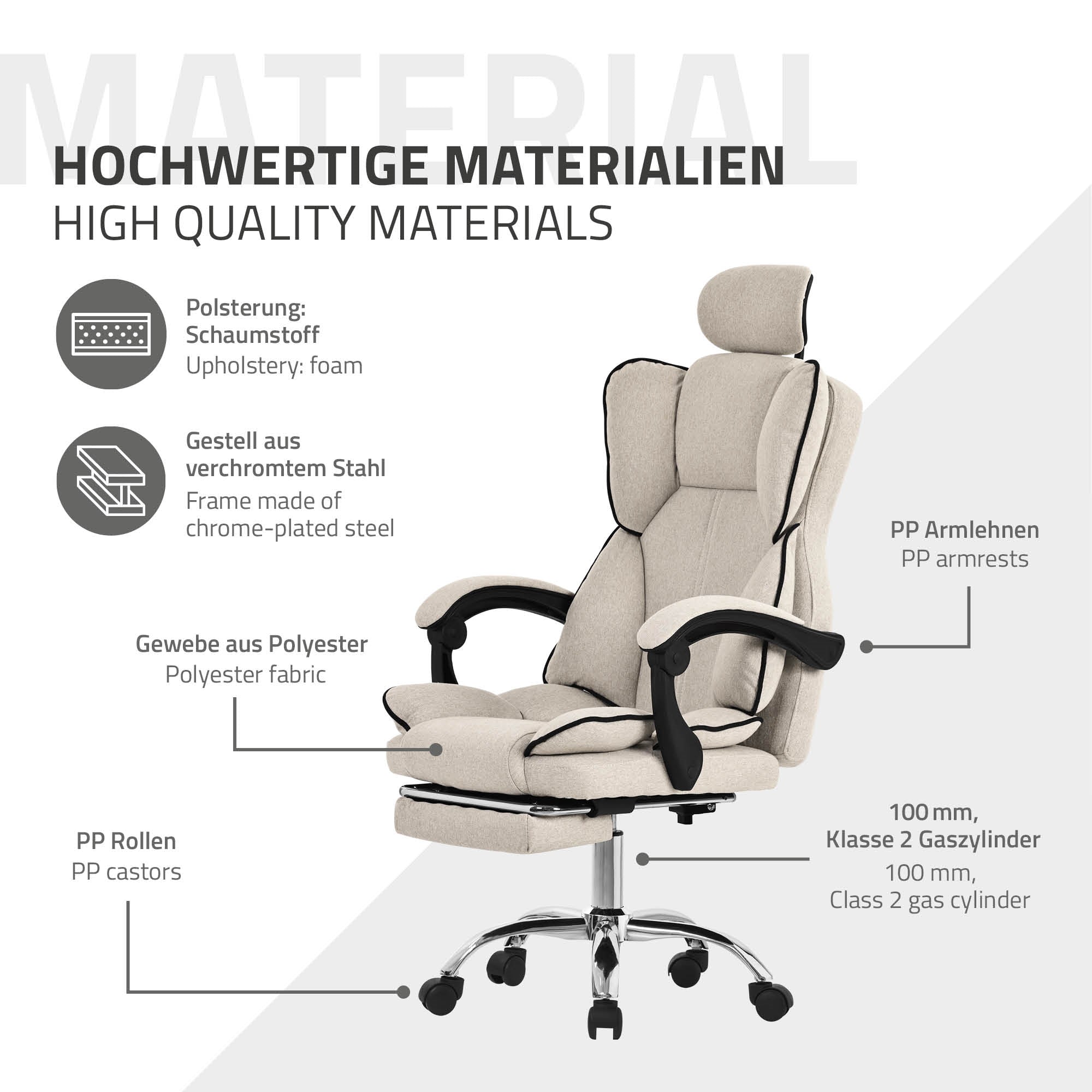 Bürostuhl mit hochwertigen Materialien, gepolstert und mit Armlehnen.