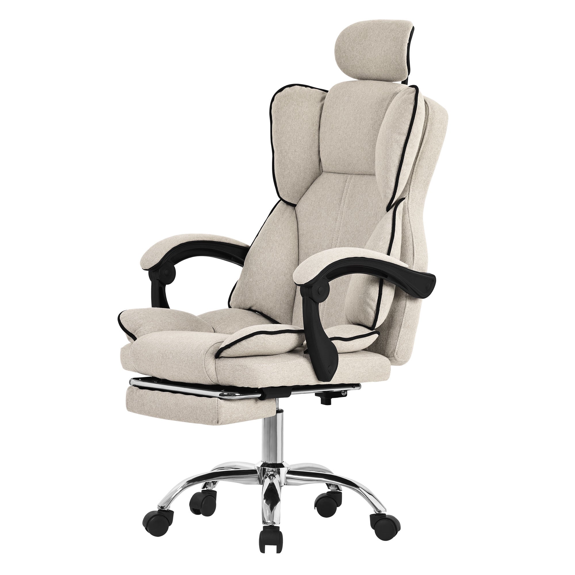 Bürostuhl in hellem Beige, auf einem weißen Hintergrund, seitliche Ansicht.