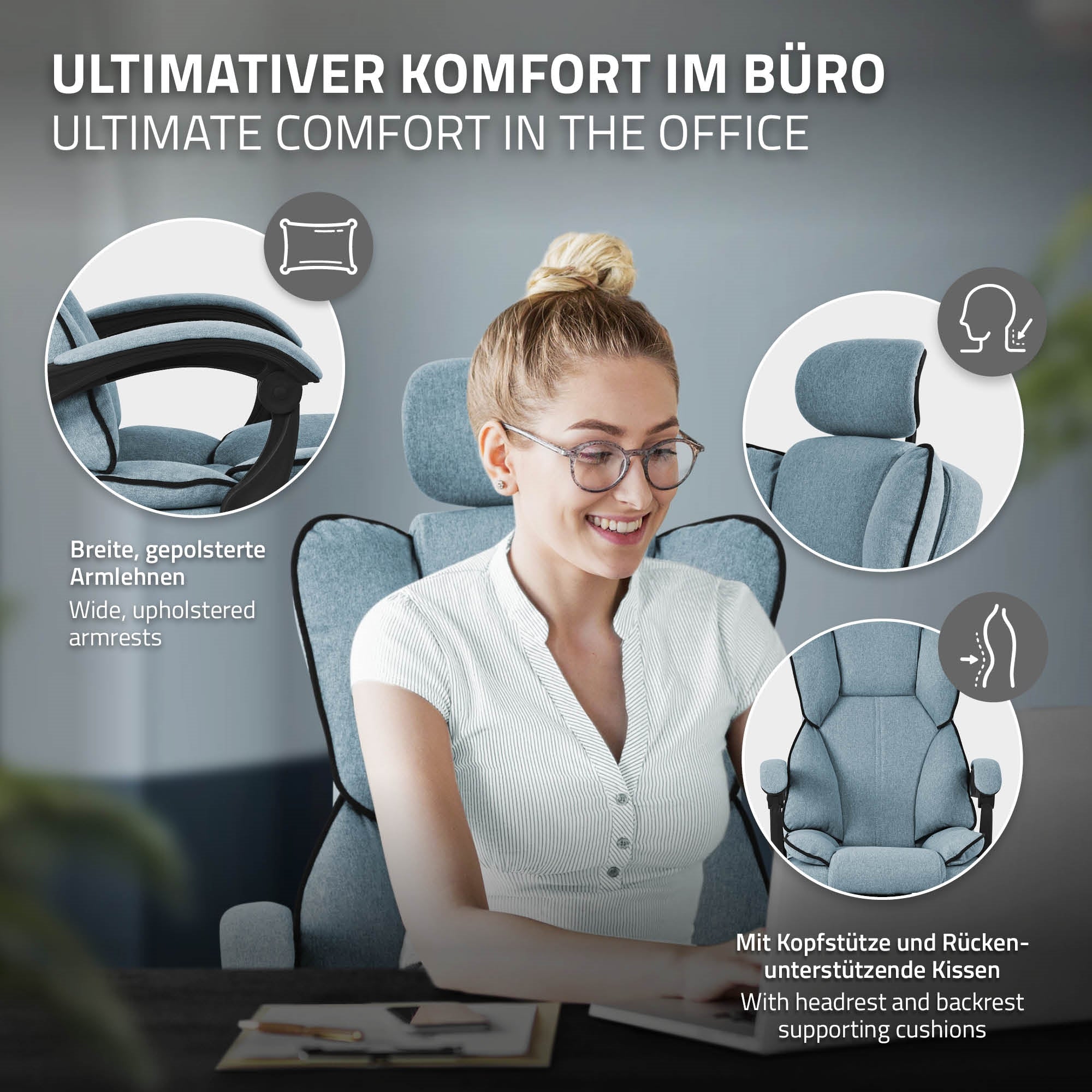 Eine Frau mit Brille sitzt lächelnd in einem Bürostuhl mit Kopfstütze.