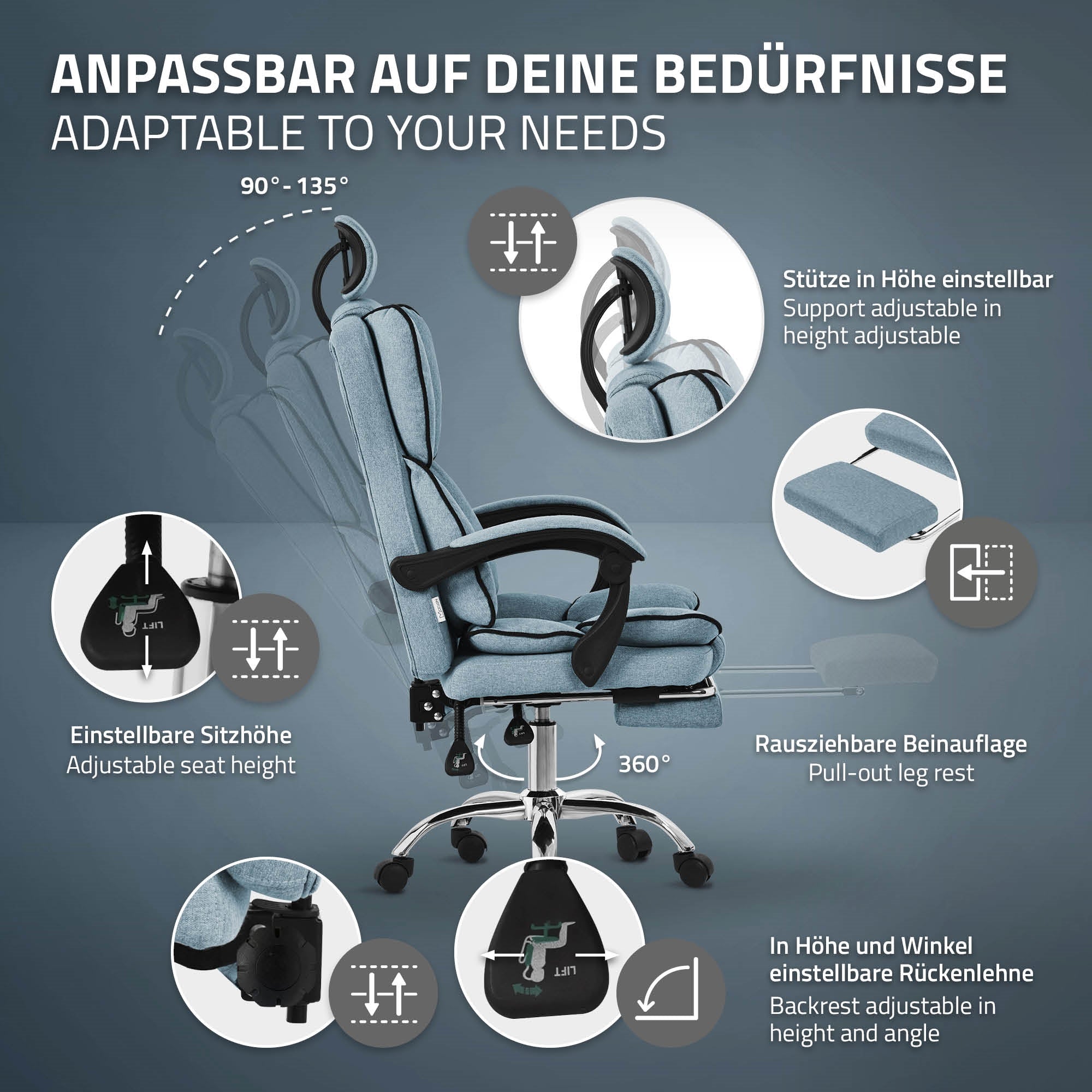 Bürostuhl mit verschiedenen Einstellmöglichkeiten für Sitzhöhe und Rückenlehne.