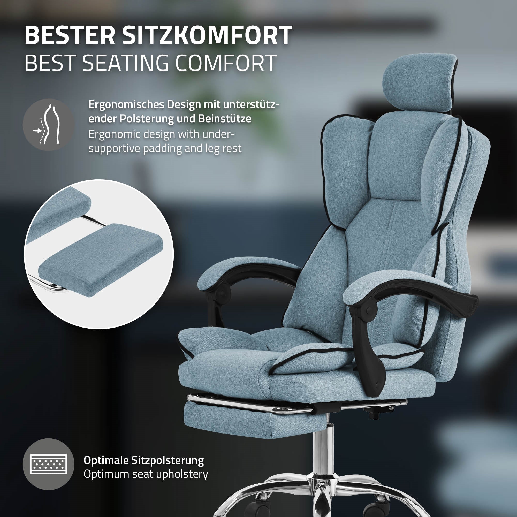 Bürostuhl mit ergonomischem Design und Polsterung, Beschreibung des Sitzkomforts.