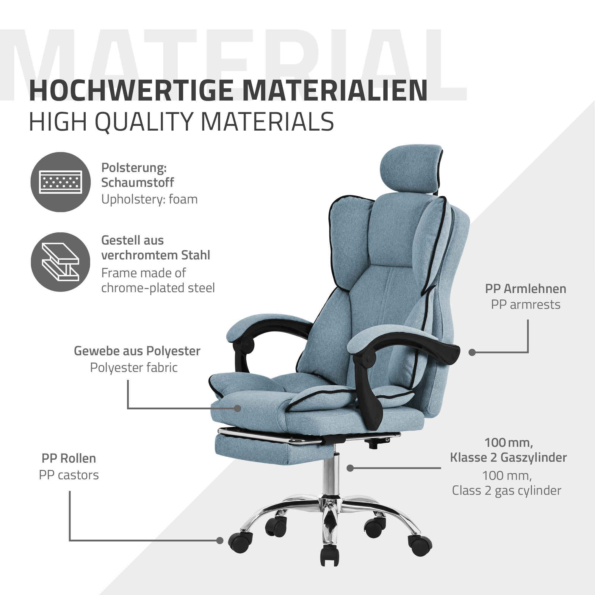 Bürostuhl aus hochwertigem Material mit Polsterung und verstellbaren Armlehnen.