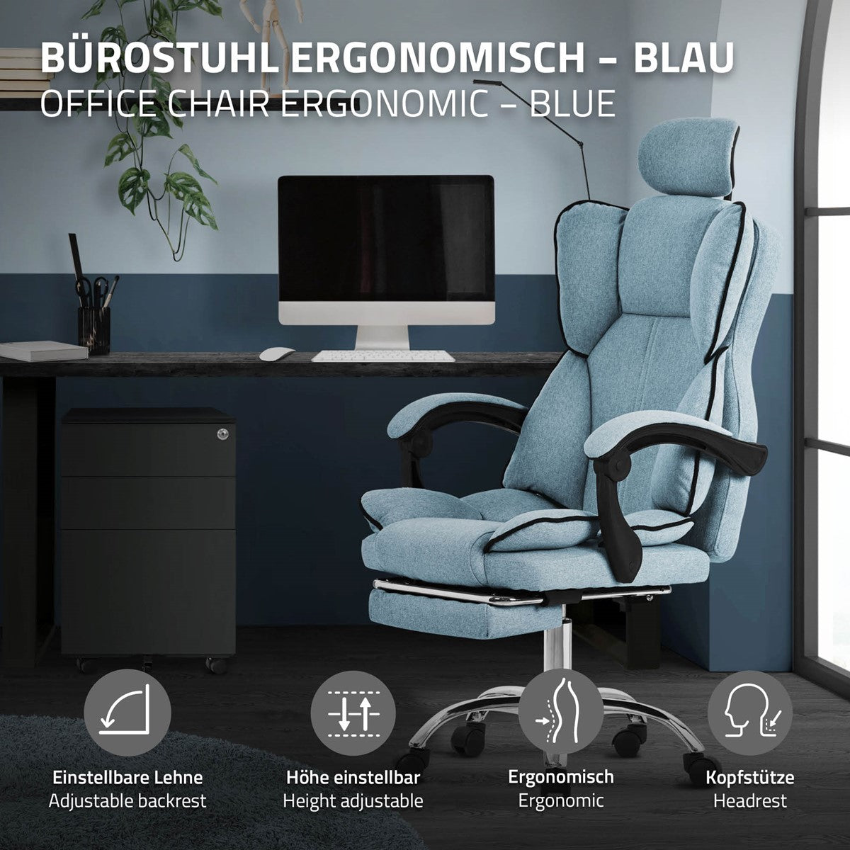 Ergonomisk kontorstol i blå med justerbar ryglæn og nakkestøtte.