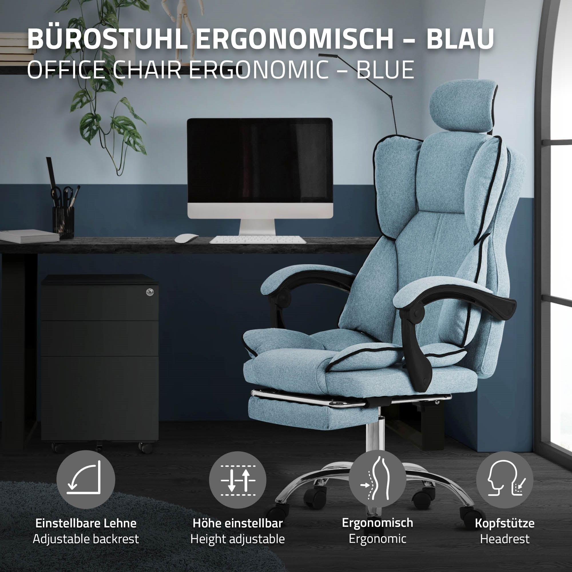 Ergonomischer Bürostuhl in Blau mit verstellbarer Lehne und Kopfstütze.