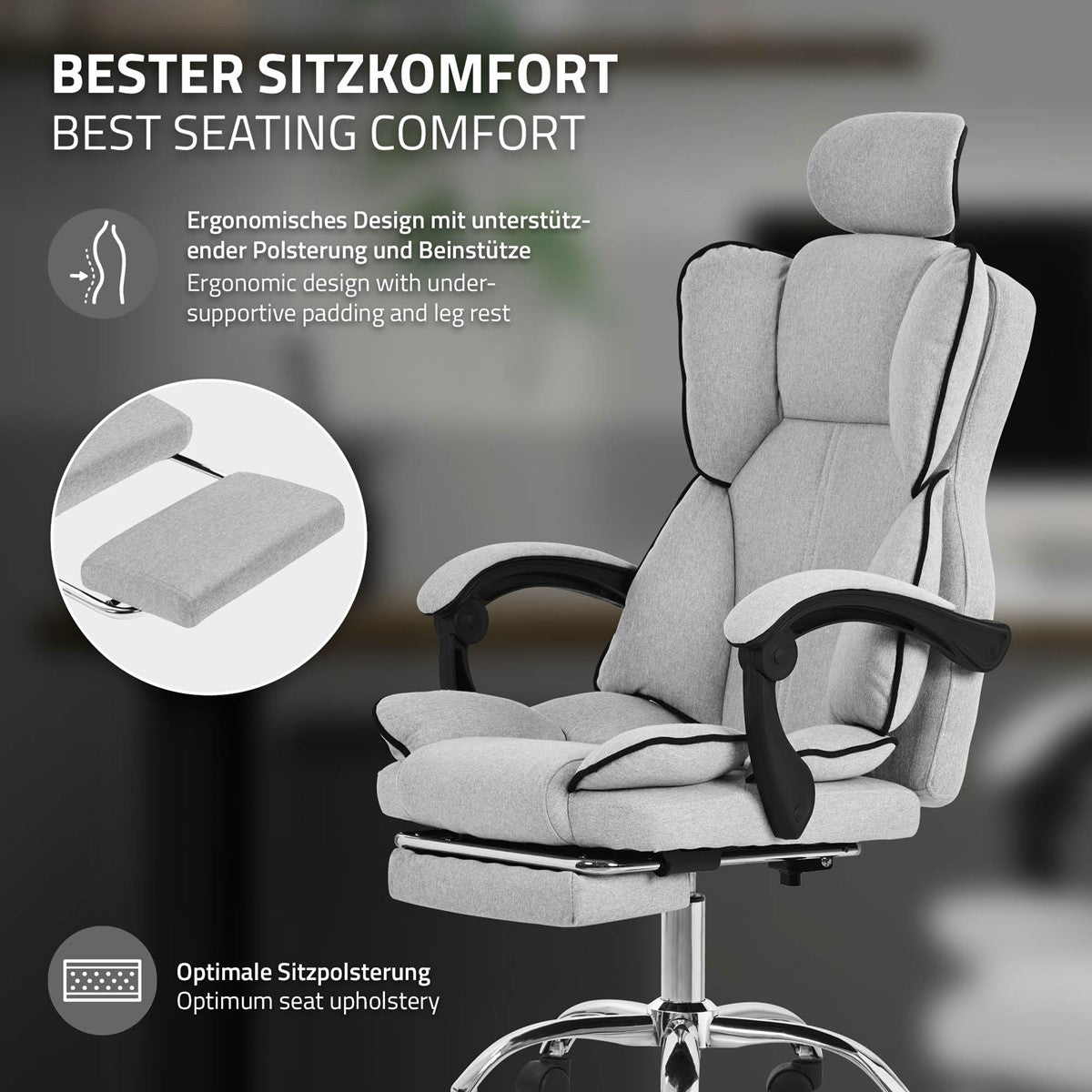 Grå kontorstol med ergonomisk design og justerbare armlæn.