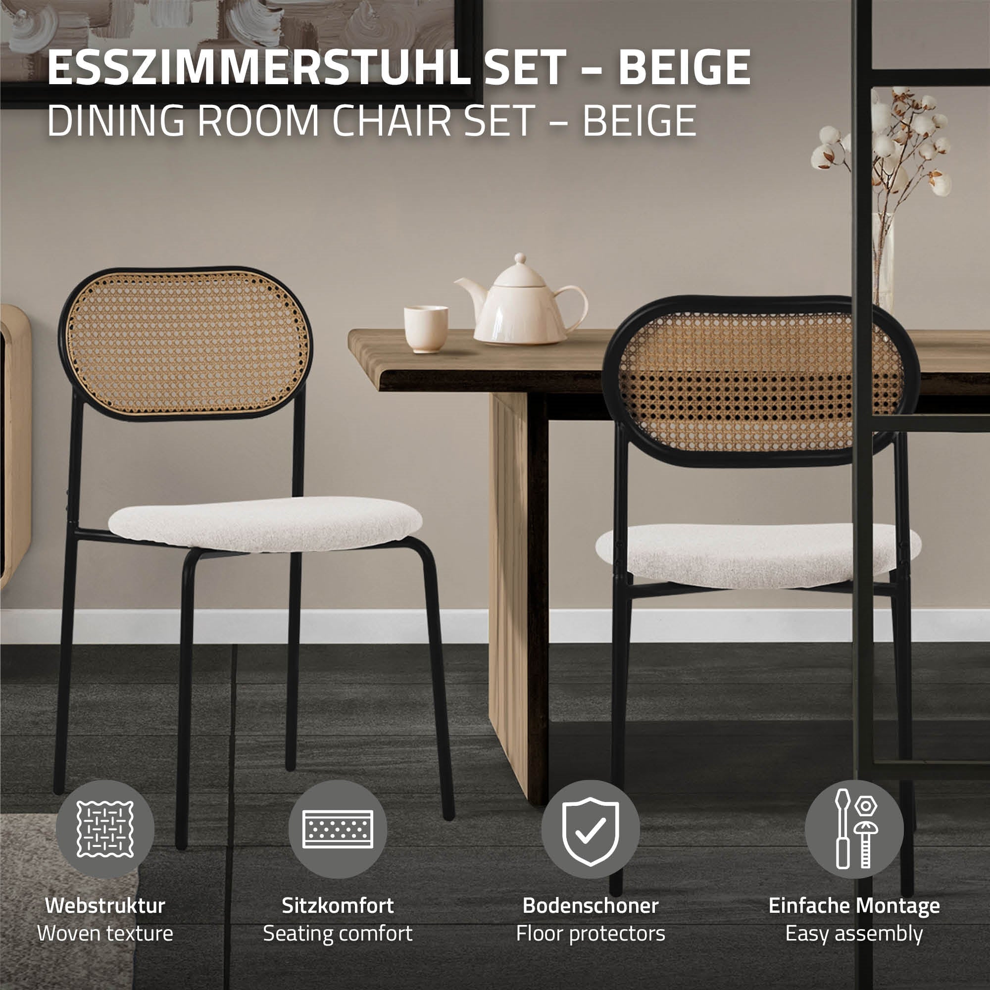 Beige Esszimmerstuhl Set mit Tisch, Stühlen und Montagehinweisen.