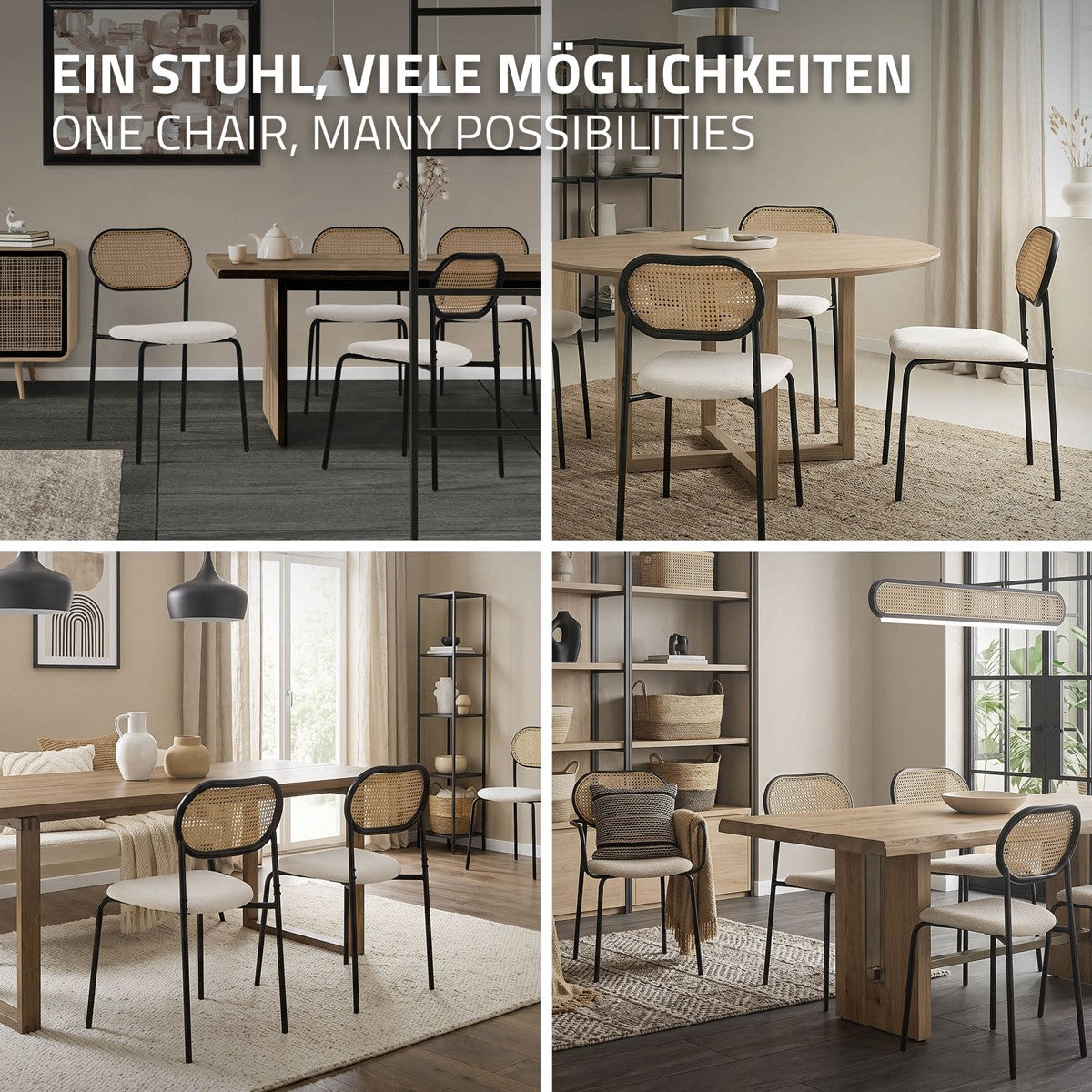 Verschiedene Esszimmeranordnungen mit einem Stuhl in verschiedenen Räumen.