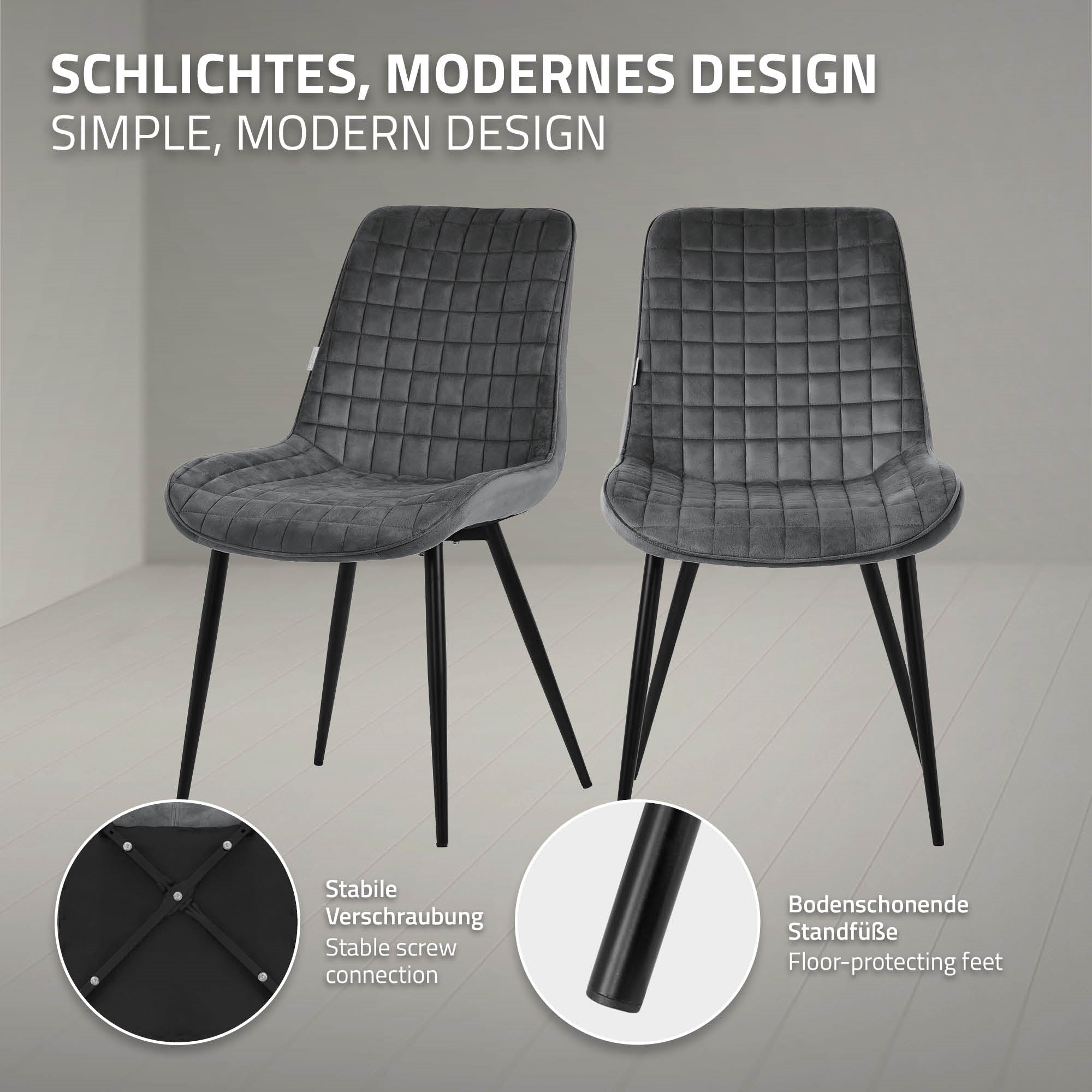 Zwei graue Stühle mit einem modernen Design auf einem hellen Boden.