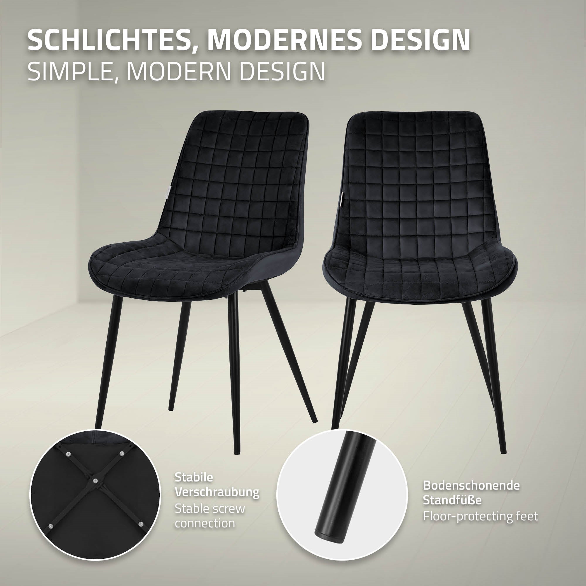 Zwei schwarze Stühle mit gestepptem Design auf hellem Hintergrund.