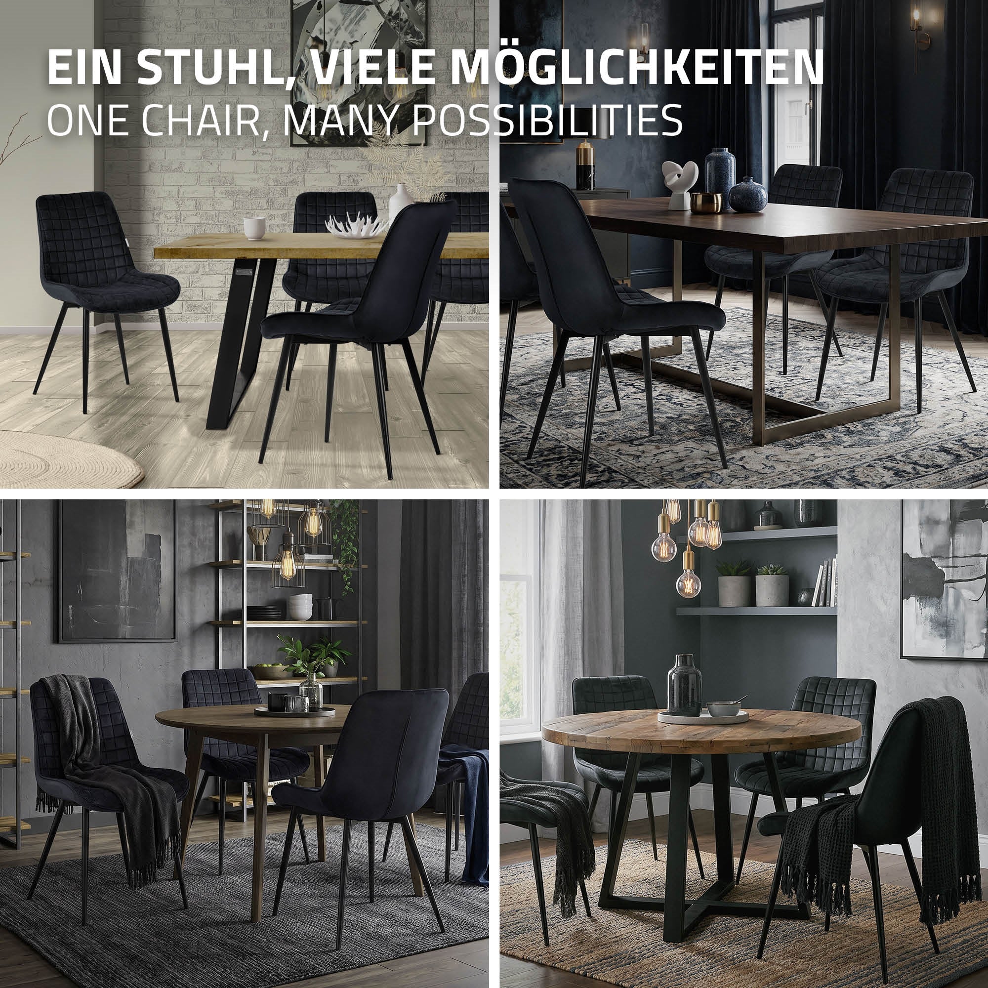 Verschiedene Stühle in einem Raum, die um Tische gruppiert sind.