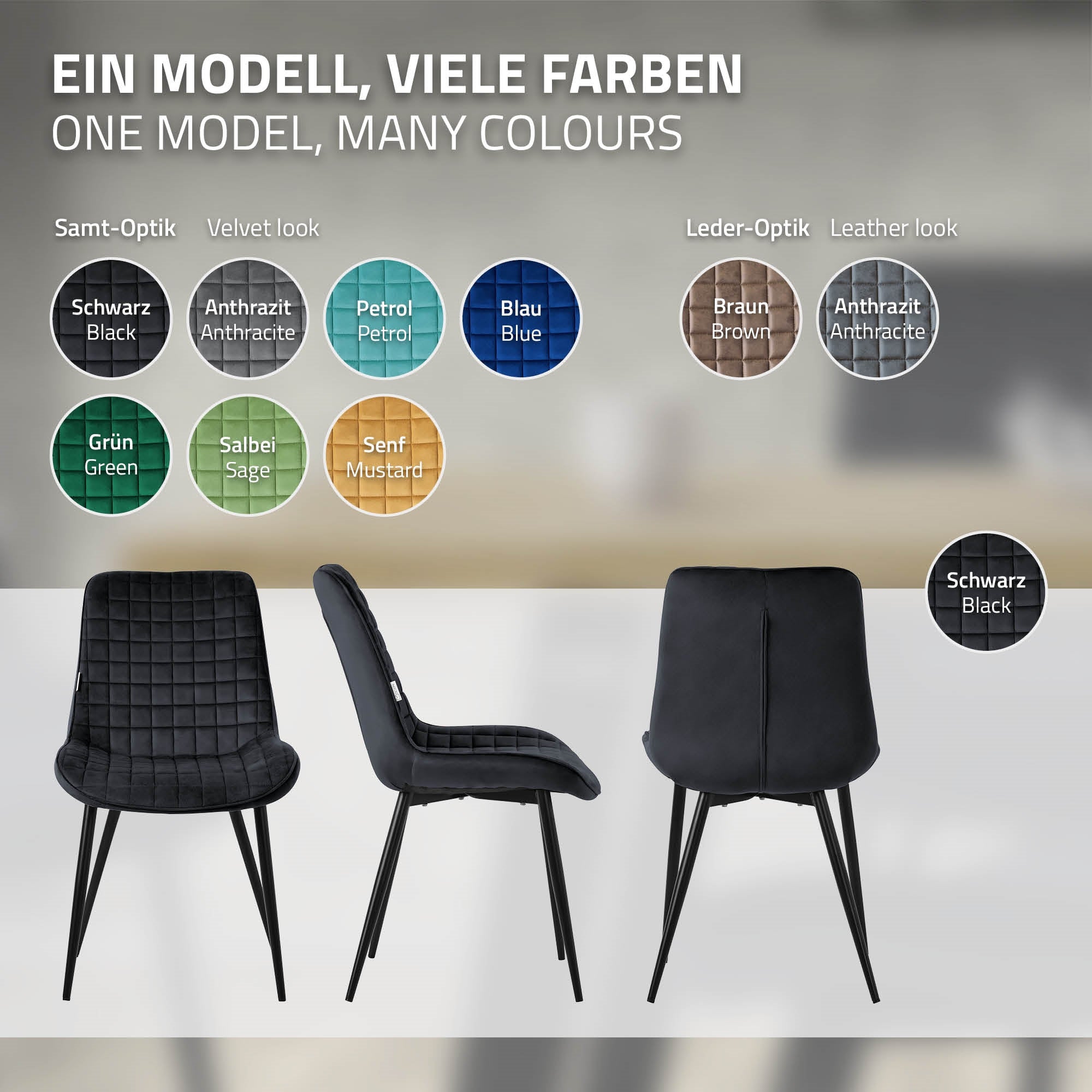 Drei Stühle in verschiedenen Farben auf einem neutralen Hintergrund.