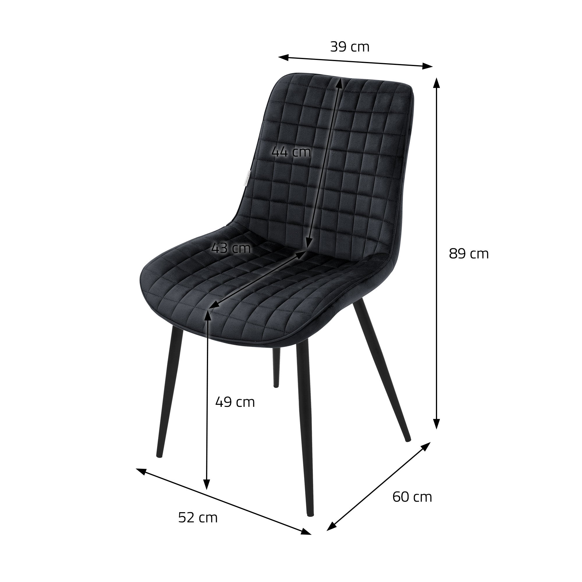 Måltegning af en sort stol med dimensioner i centimeter.