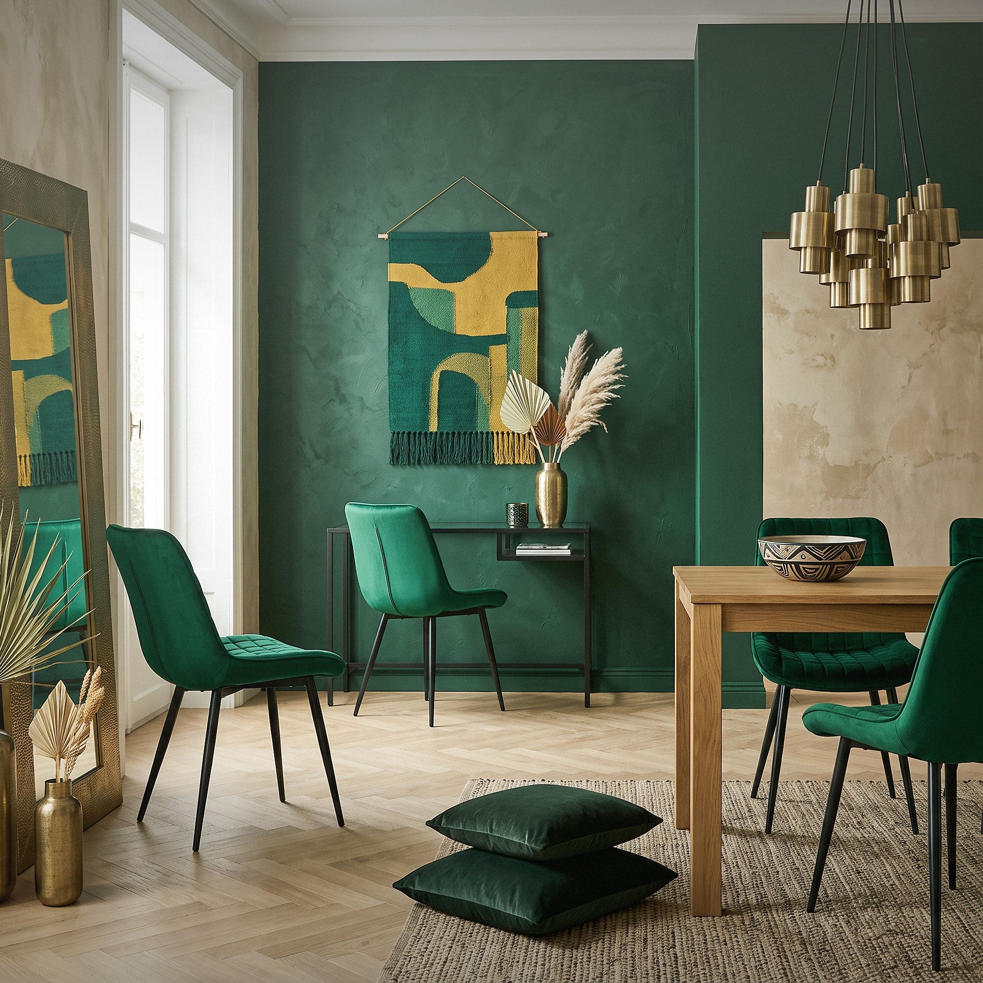 Ein stilvoll eingerichteter Raum mit grünen Stühlen und einem Holztisch.