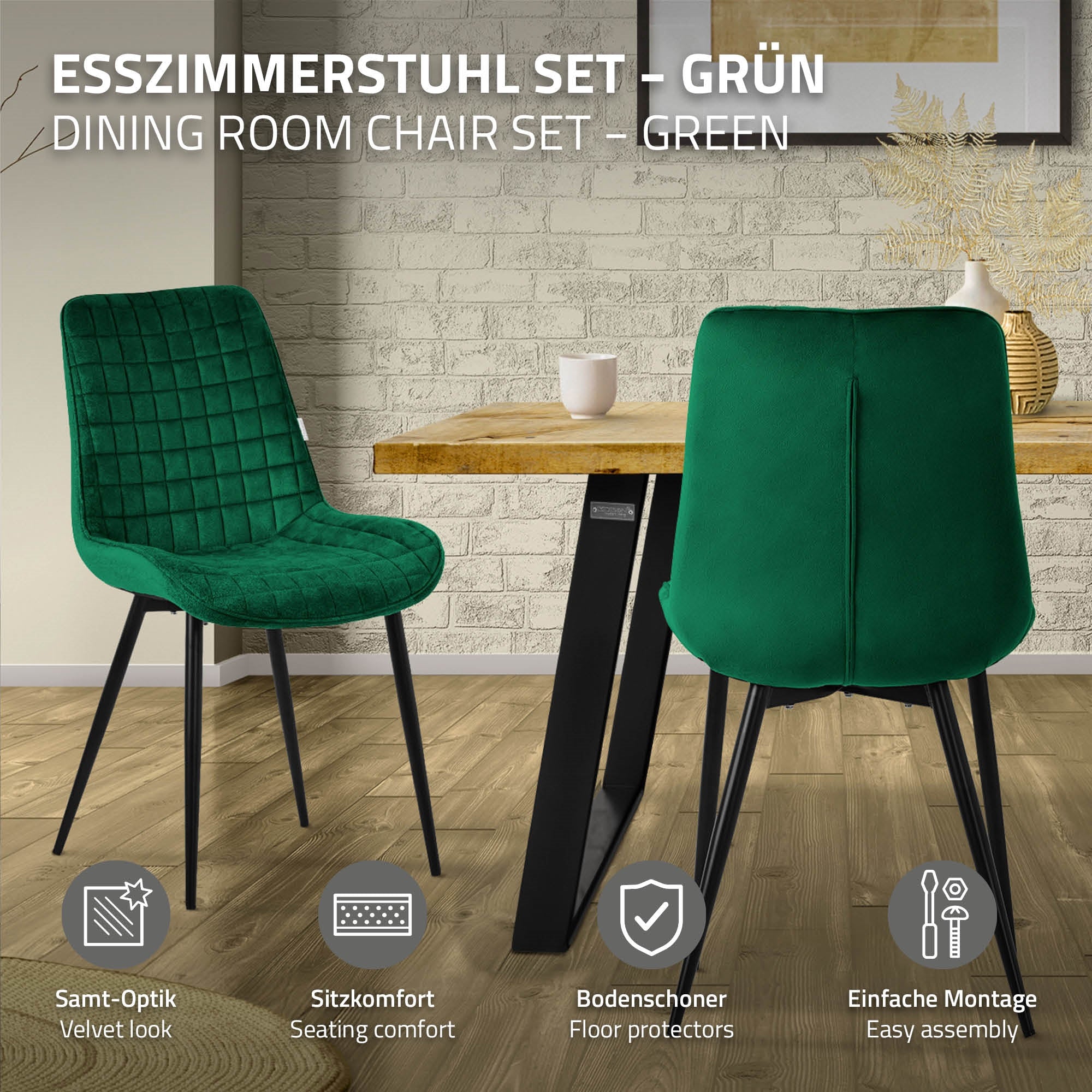 Grüner Esszimmerstuhl neben einem Tisch in einem modernen Raum.