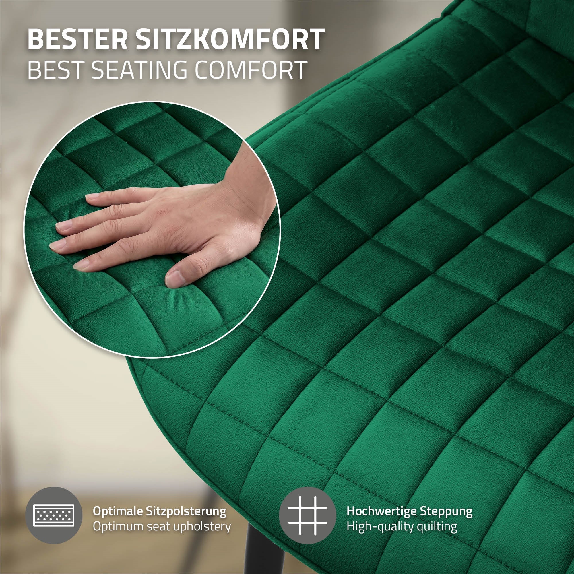 Nahaufnahme einer Hand auf einem grünen Stuhl mit gepolsterter Oberfläche.