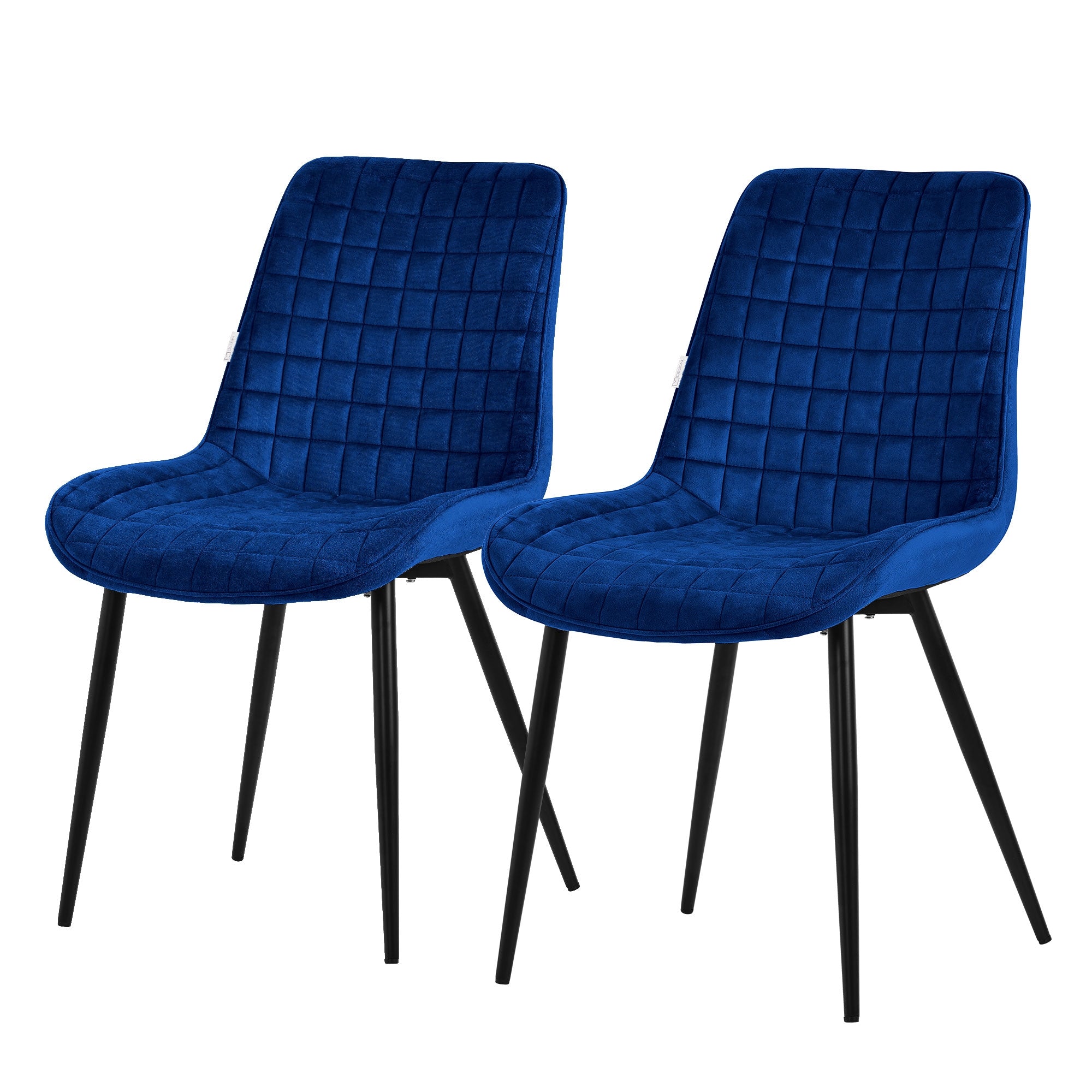 Zwei blaue Stühle mit gepolsterter Sitzfläche und schwarzem Gestell.