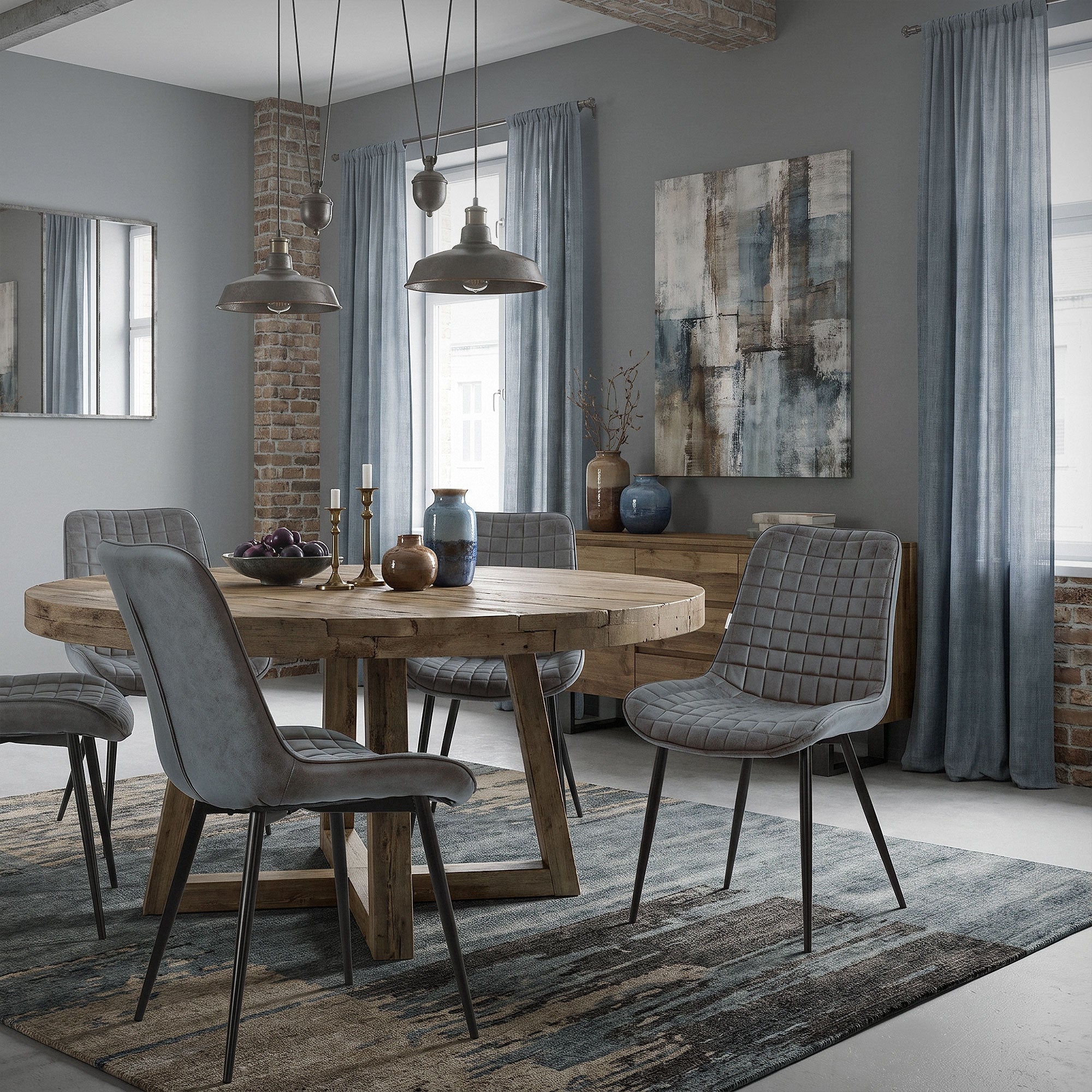 Ein Esszimmer mit einem runden Holztisch und mehreren Stühlen in einem modernen Raum.