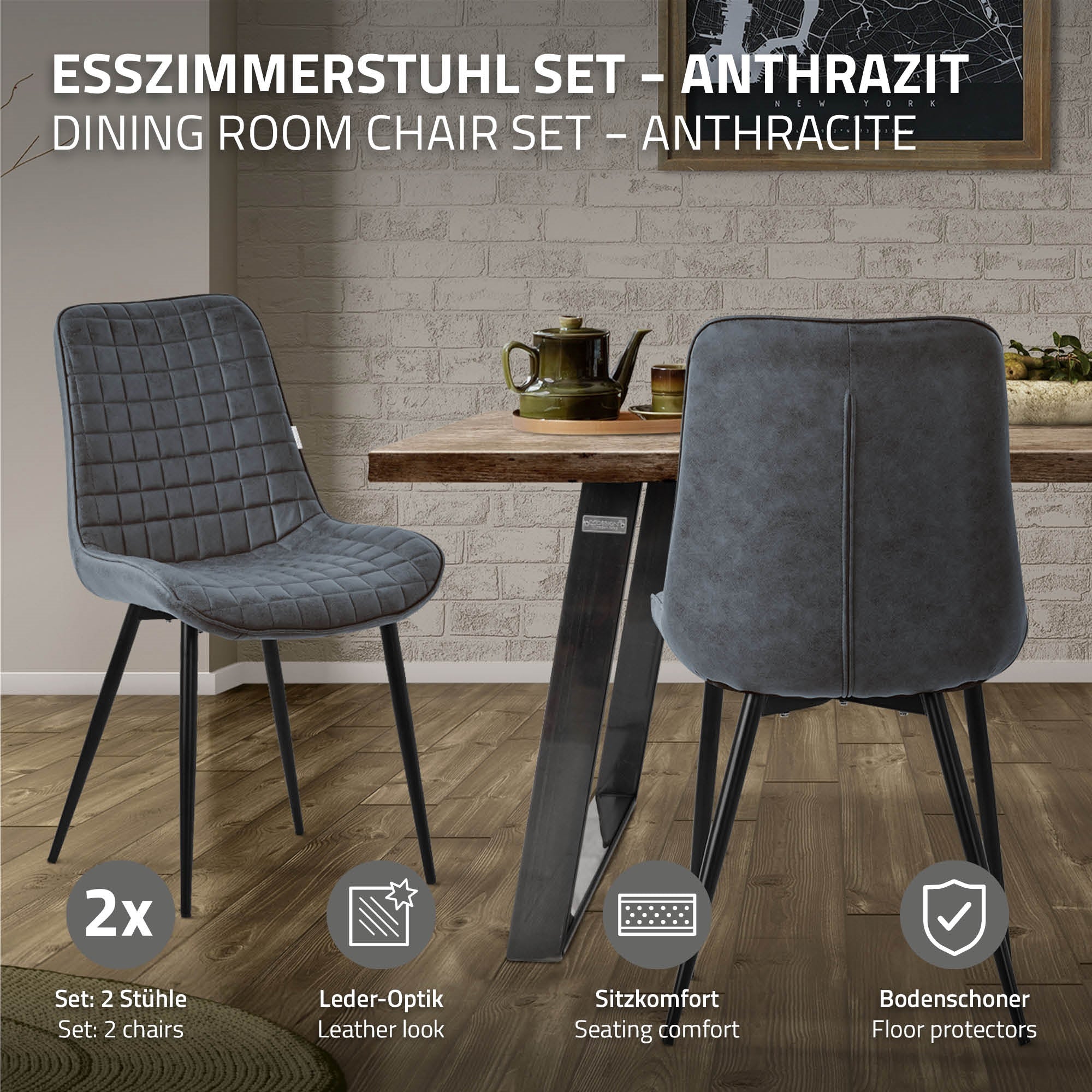 Esszimmerstuhl in Anthrazit mit Teekanne und Tassen im Hintergrund.